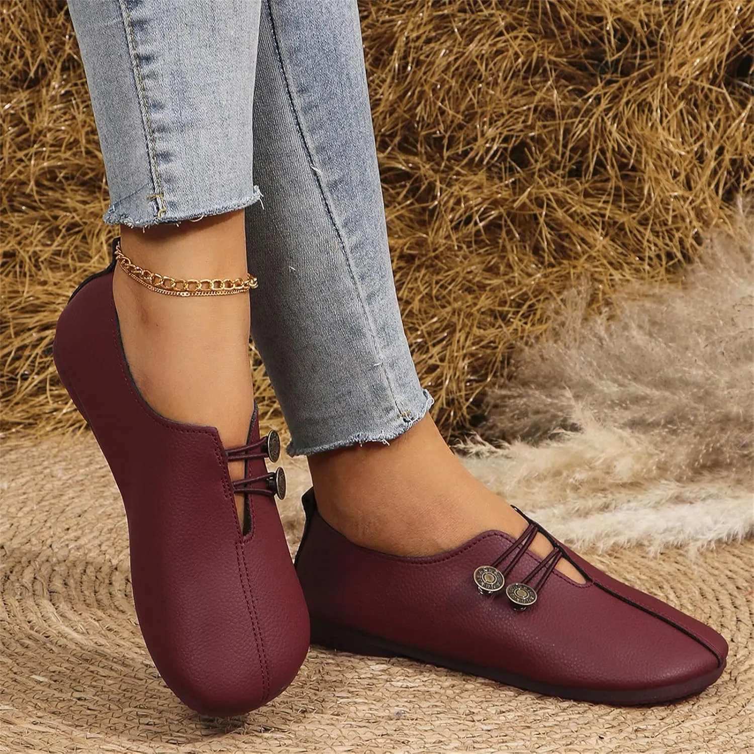 Womens Loafers Flats Shoes Comfortable Round Toe Flat Sandals Slip On Breathable Soft Cushion Lightweight Shoes with Button Detail for Everyday Elegance