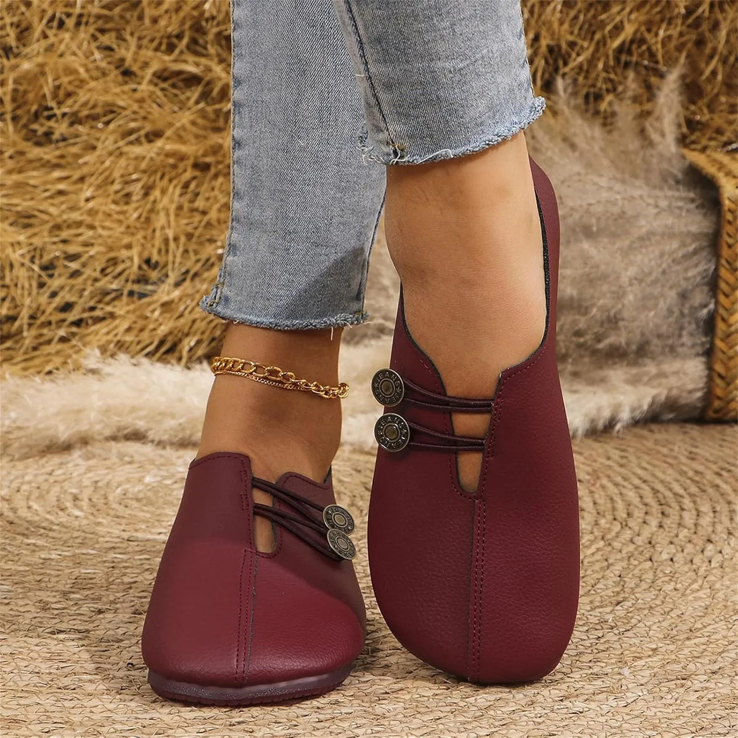 Womens Loafers Flats Shoes Comfortable Round Toe Flat Sandals Slip On Breathable Soft Cushion Lightweight Shoes with Button Detail for Everyday Elegance