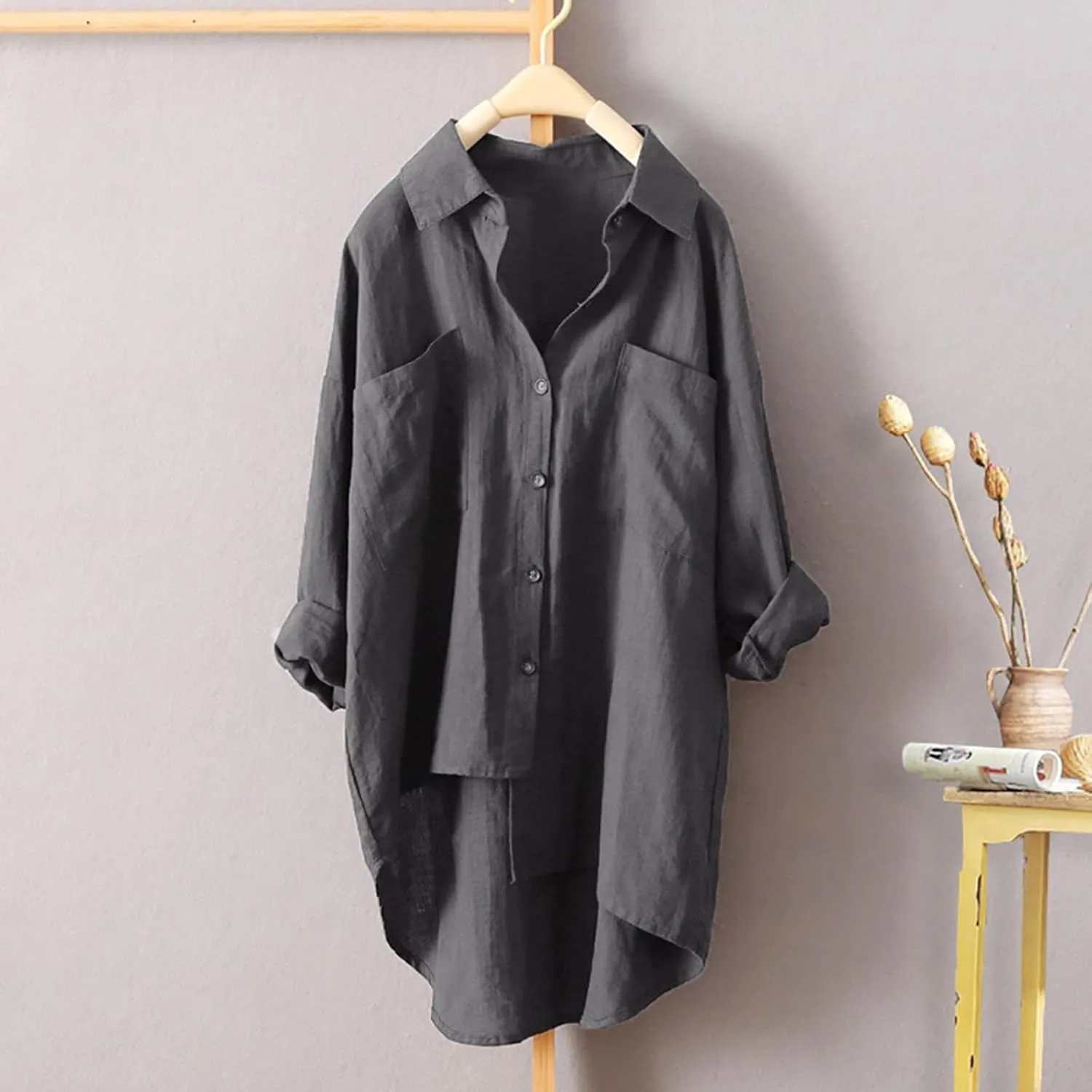 Women's Oversized Cotton Linen Shirts Blouses Tops Long Sleeve High Low Button Up Shirts Plus Size