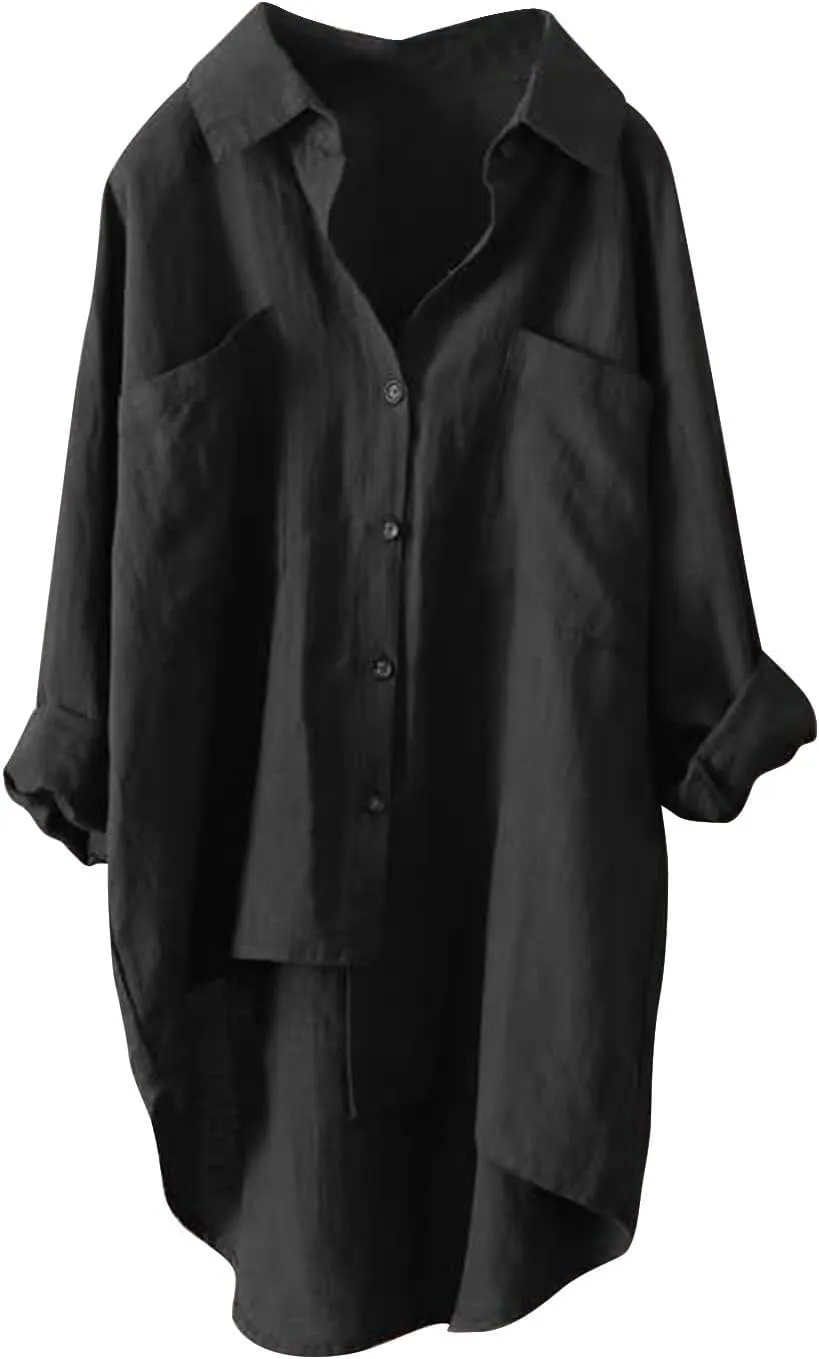 Women's Oversized Cotton Linen Shirts Blouses Tops Long Sleeve High Low Button Up Shirts Plus Size