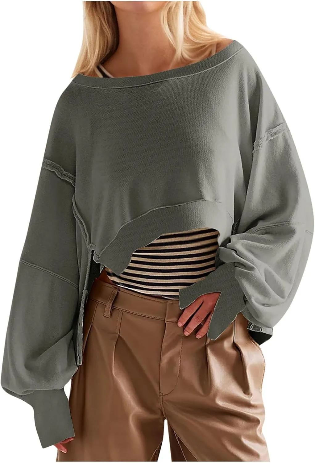 Womens Oversized Sweatshirts Trendy, Cropped Crew Neck Sweatshirts Exposed Seam Loose Tunic Tops Fall Clothes 2025
