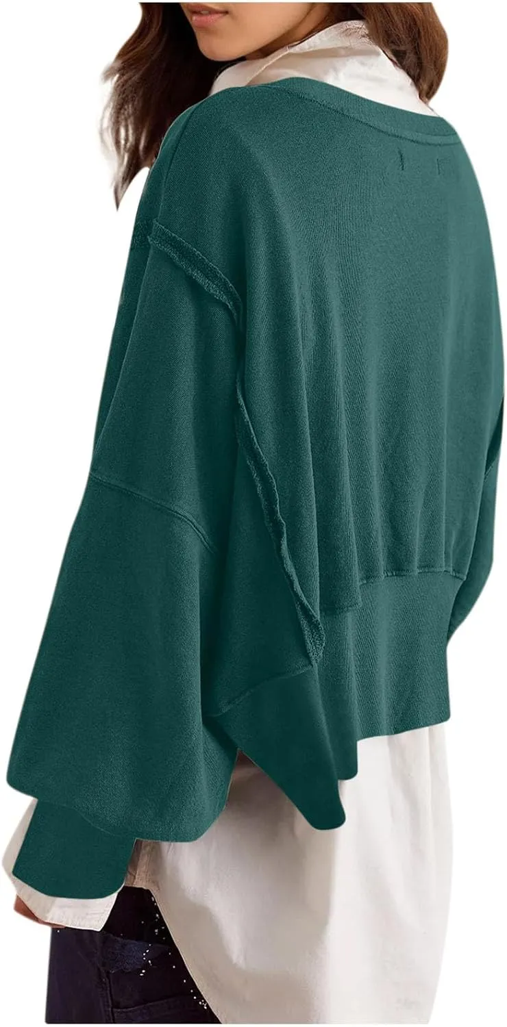 Womens Oversized Sweatshirts Trendy, Cropped Crew Neck Sweatshirts Exposed Seam Loose Tunic Tops Fall Clothes 2025