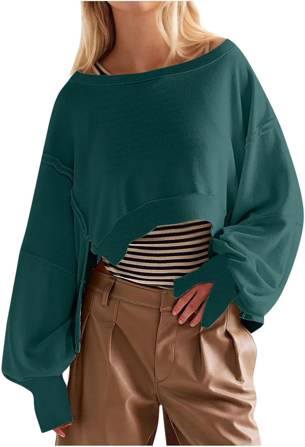 Womens Oversized Sweatshirts Trendy, Cropped Crew Neck Sweatshirts Exposed Seam Loose Tunic Tops Fall Clothes 2025