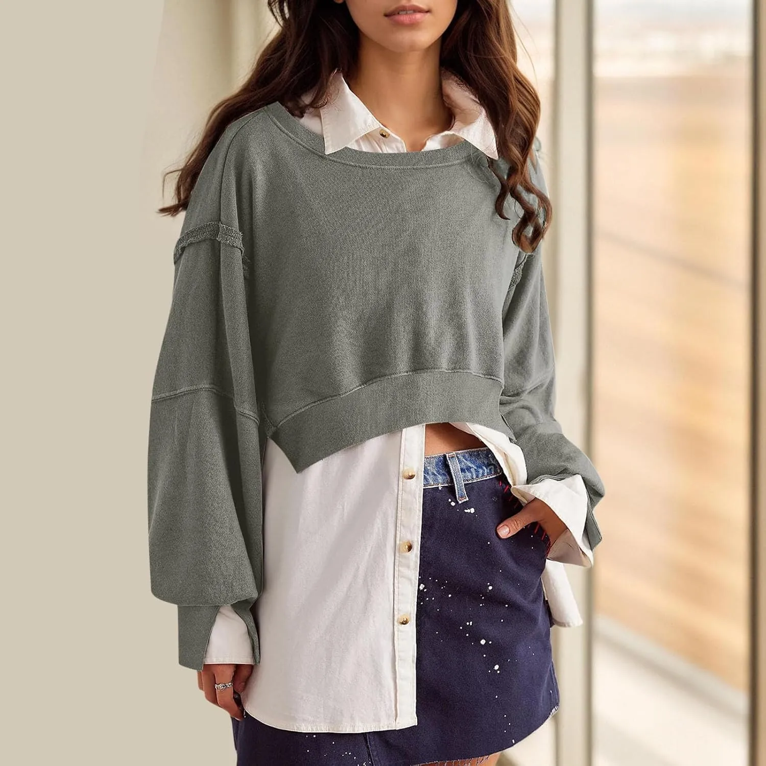 Womens Oversized Sweatshirts Trendy, Cropped Crew Neck Sweatshirts Exposed Seam Loose Tunic Tops Fall Clothes 2025