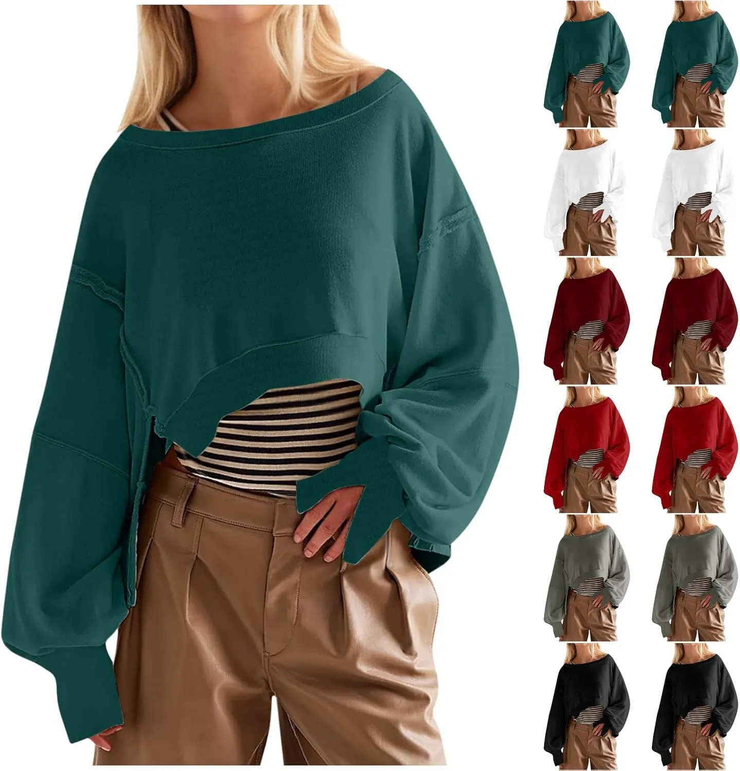 Womens Oversized Sweatshirts Trendy, Cropped Crew Neck Sweatshirts Exposed Seam Loose Tunic Tops Fall Clothes 2025