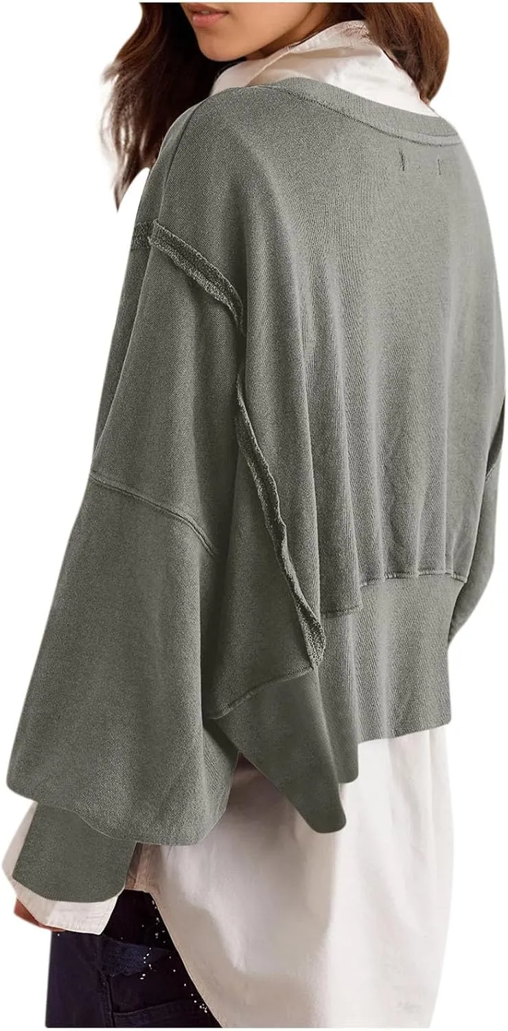 Womens Oversized Sweatshirts Trendy, Cropped Crew Neck Sweatshirts Exposed Seam Loose Tunic Tops Fall Clothes 2025
