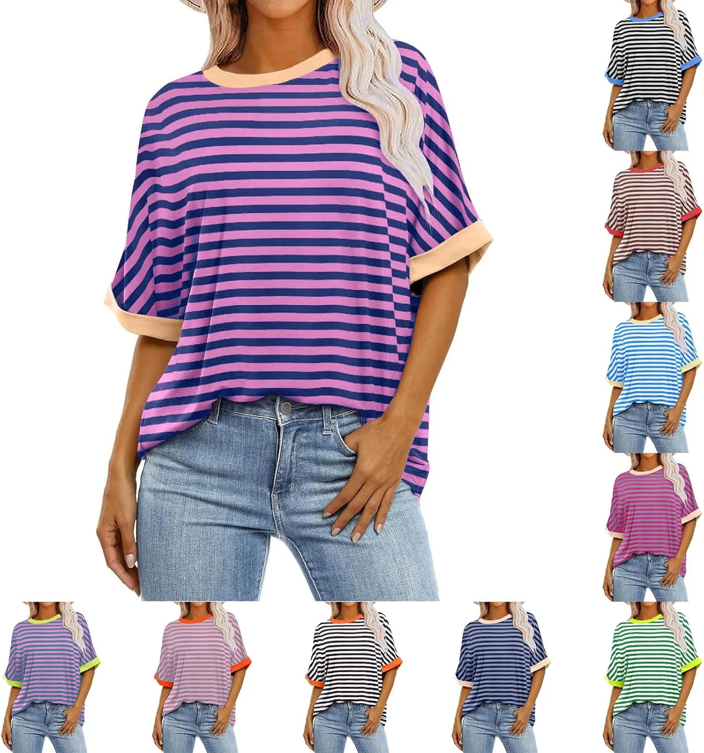 Womens Oversized T Shirts Striped Color Block Pullover Tops Summer Casual Loose Fit Crewneck Short Sleeve Shirts