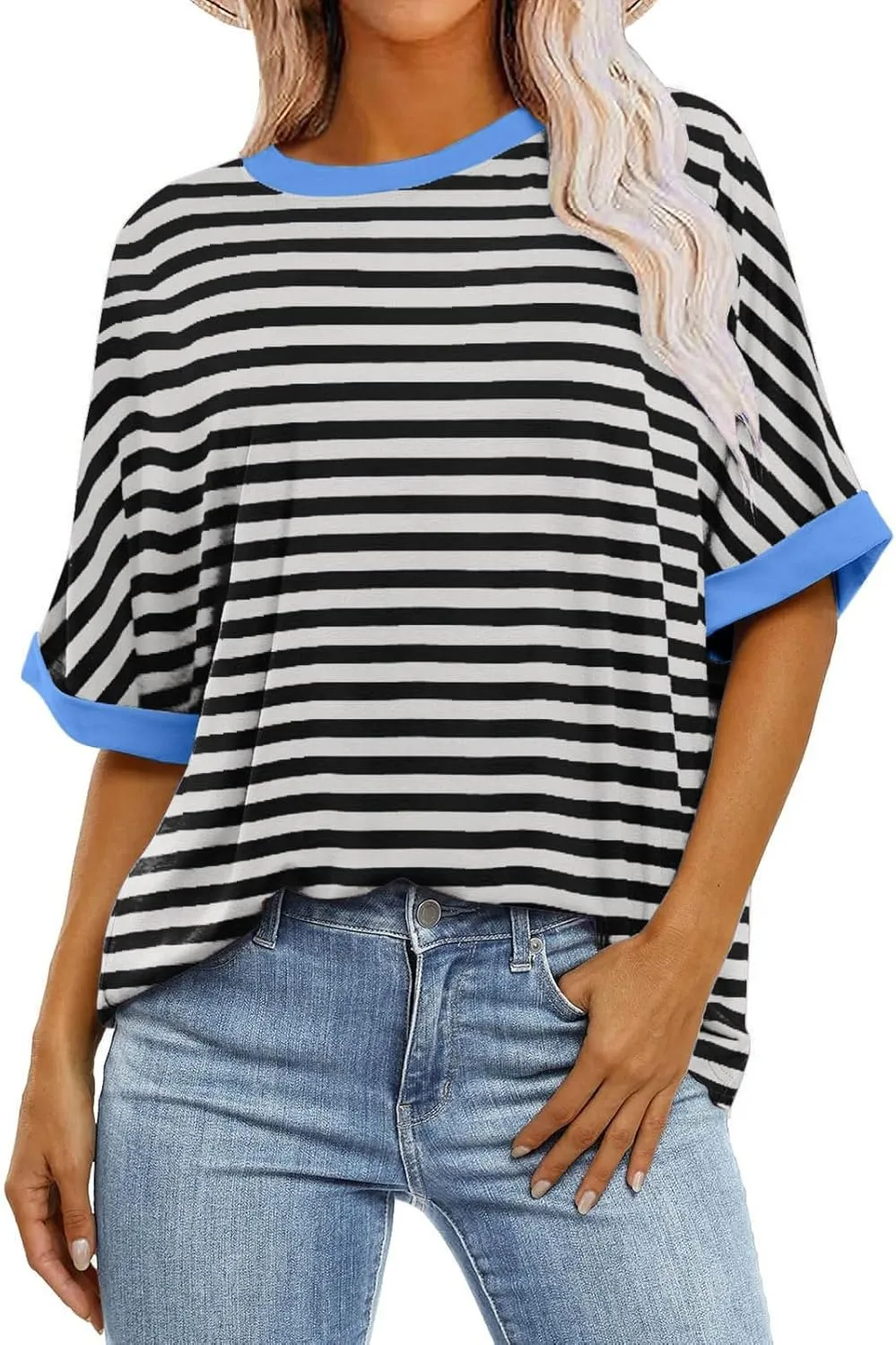 Womens Oversized T Shirts Striped Color Block Pullover Tops Summer Casual Loose Fit Crewneck Short Sleeve Shirts