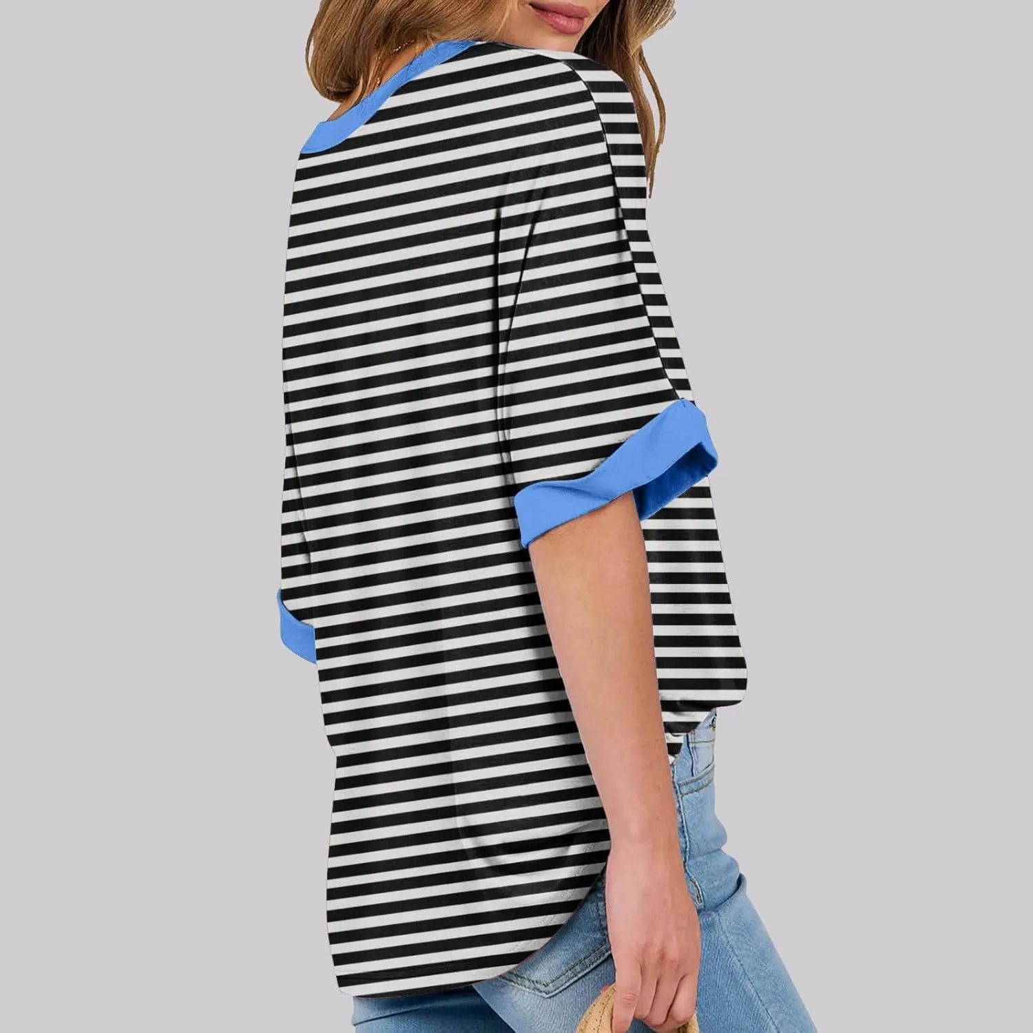 Womens Oversized T Shirts Striped Color Block Pullover Tops Summer Casual Loose Fit Crewneck Short Sleeve Shirts