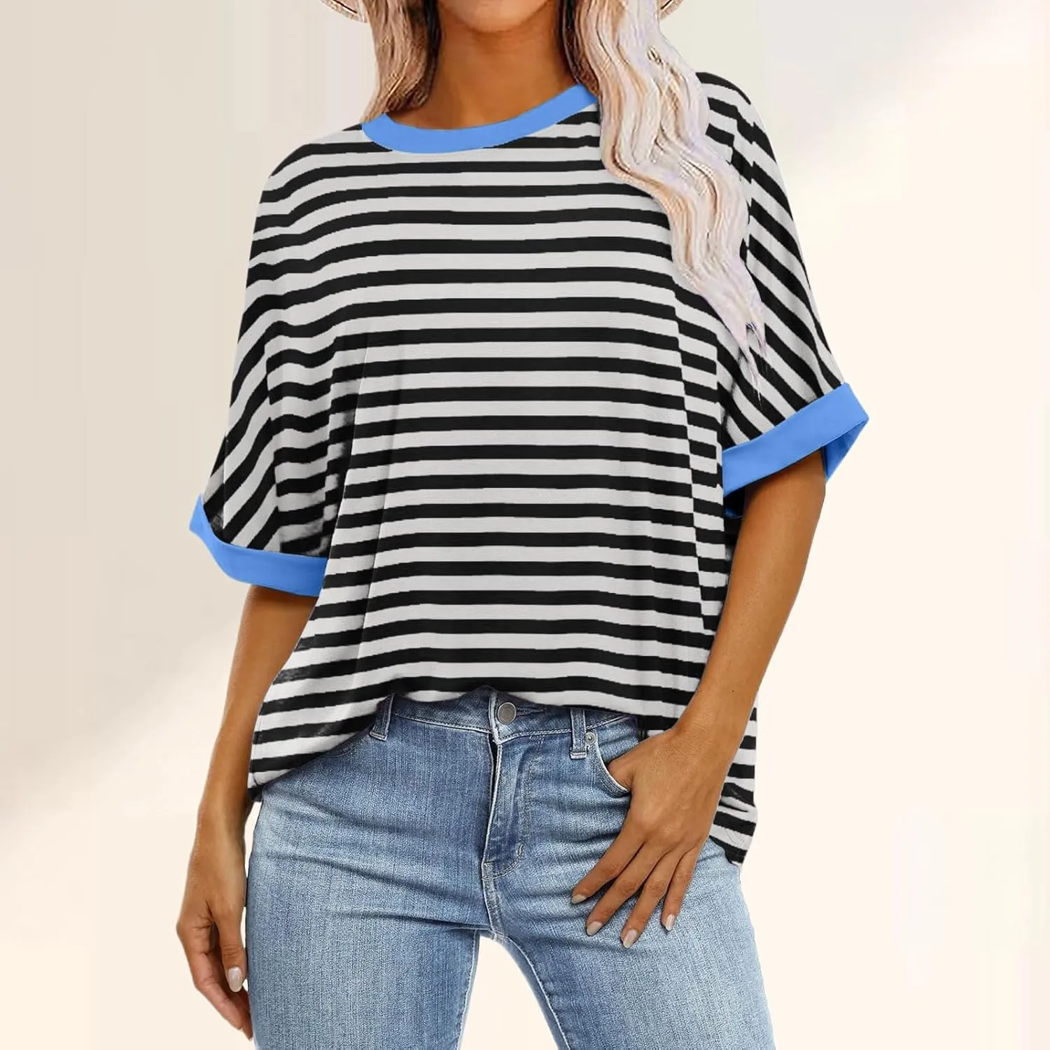Womens Oversized T Shirts Striped Color Block Pullover Tops Summer Casual Loose Fit Crewneck Short Sleeve Shirts