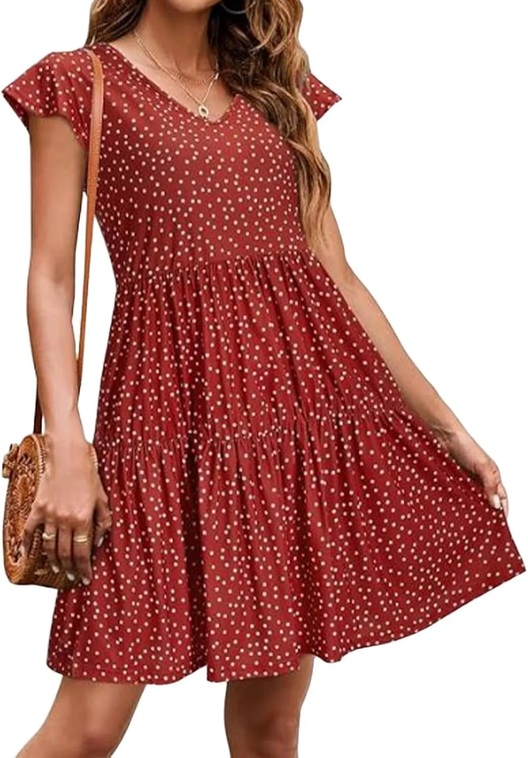 Womens Polka dot Dress Summer Casual Boho Floral V Neck Mini Dress Ruffle Short Sleeve Flowy Swing Dresses