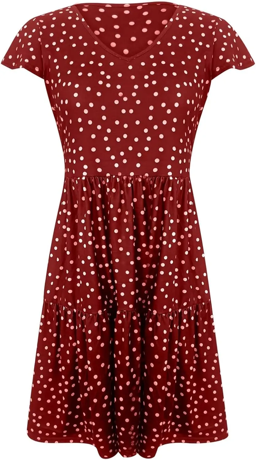 Womens Polka dot Dress Summer Casual Boho Floral V Neck Mini Dress Ruffle Short Sleeve Flowy Swing Dresses