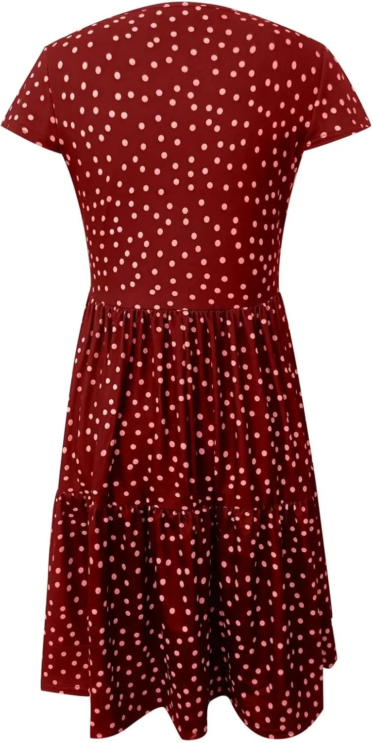 Womens Polka dot Dress Summer Casual Boho Floral V Neck Mini Dress Ruffle Short Sleeve Flowy Swing Dresses