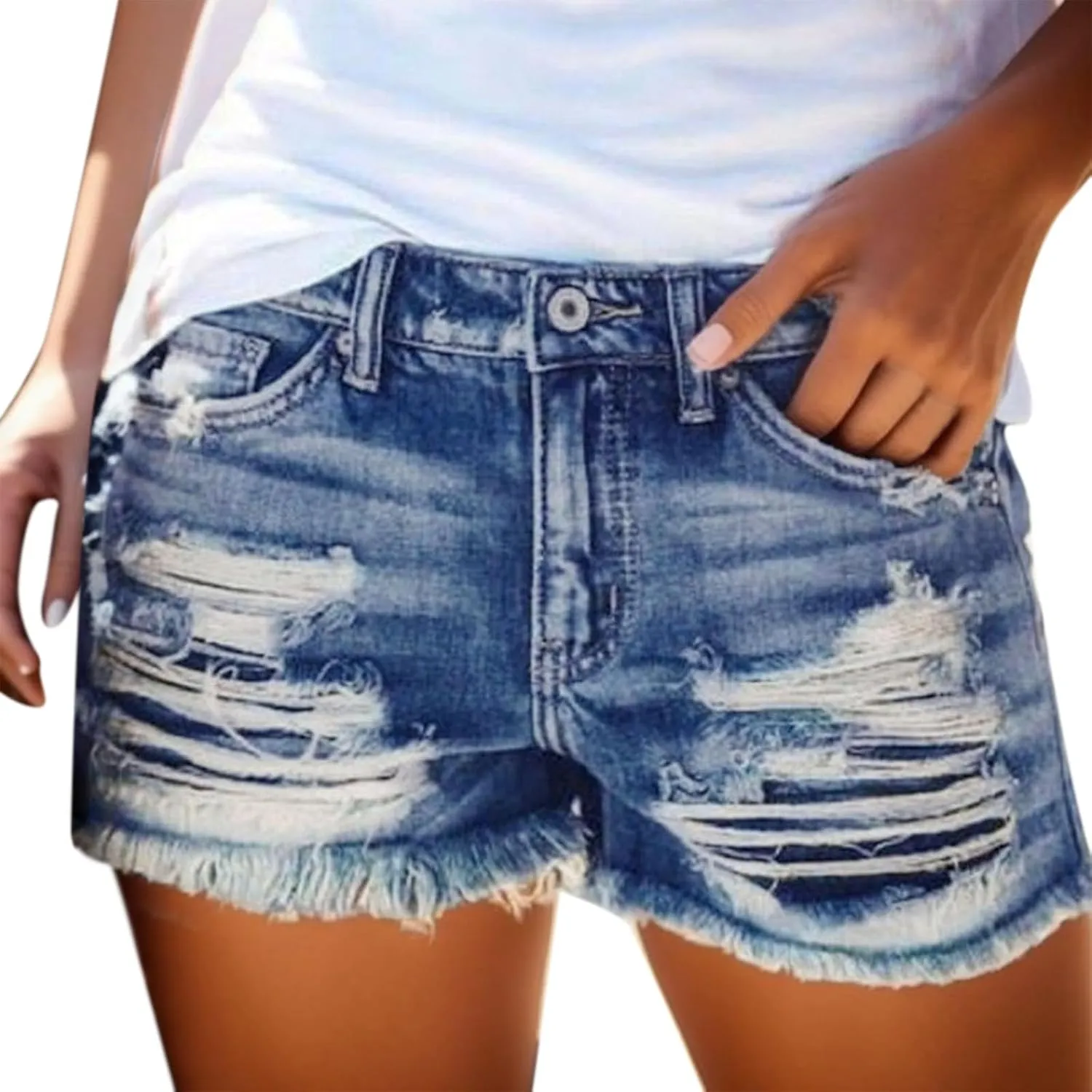 Womens Ripped Denim Shorts Summer Stretchy High Waisted Jean Shorts Distressed Frayed Hem Short Jeans Casual Biker Shorts