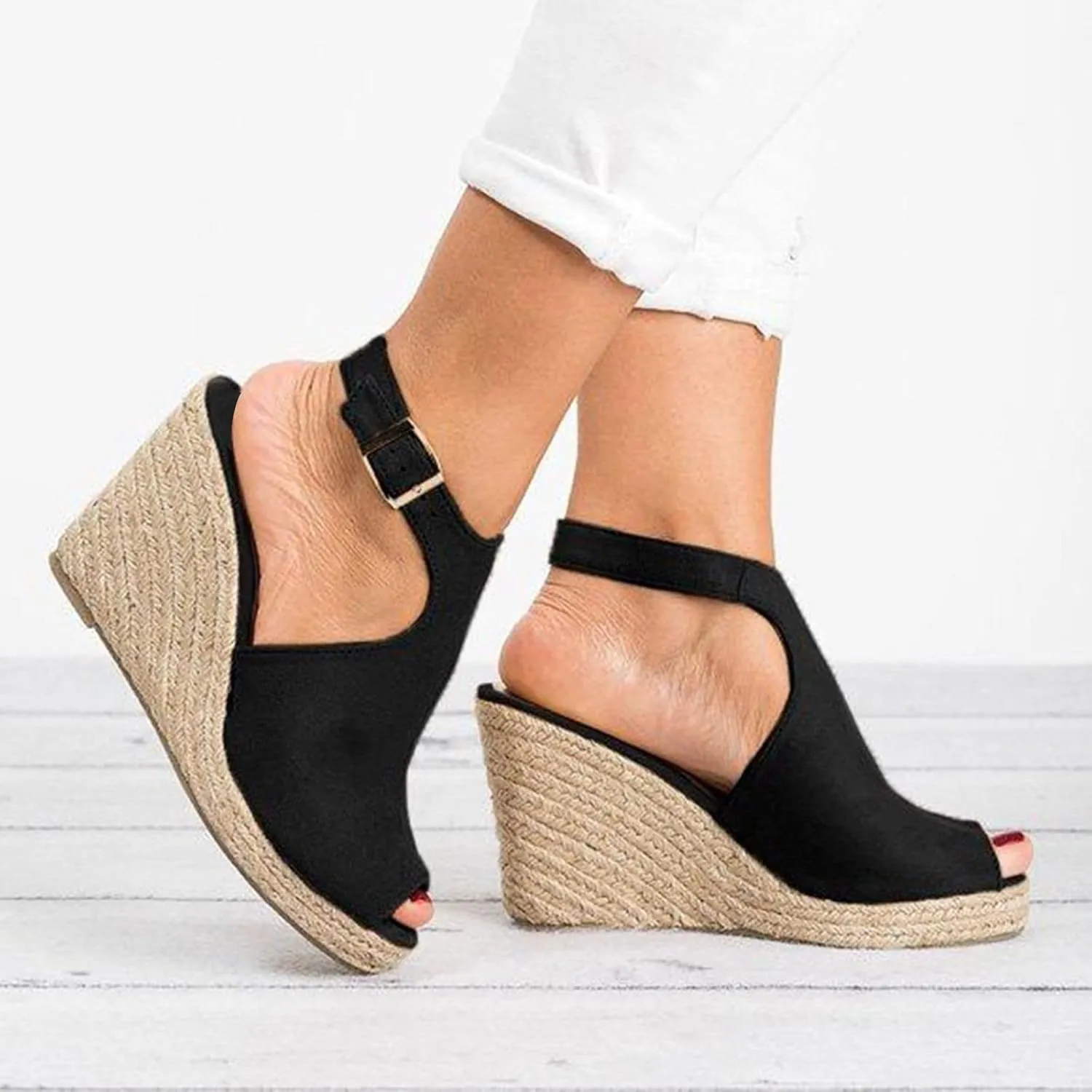 Women's Sandals Dressy Summer Wedge, Womens Espadrille Wedge Sandals Peep Toe Buckle Strap Platform Sandals