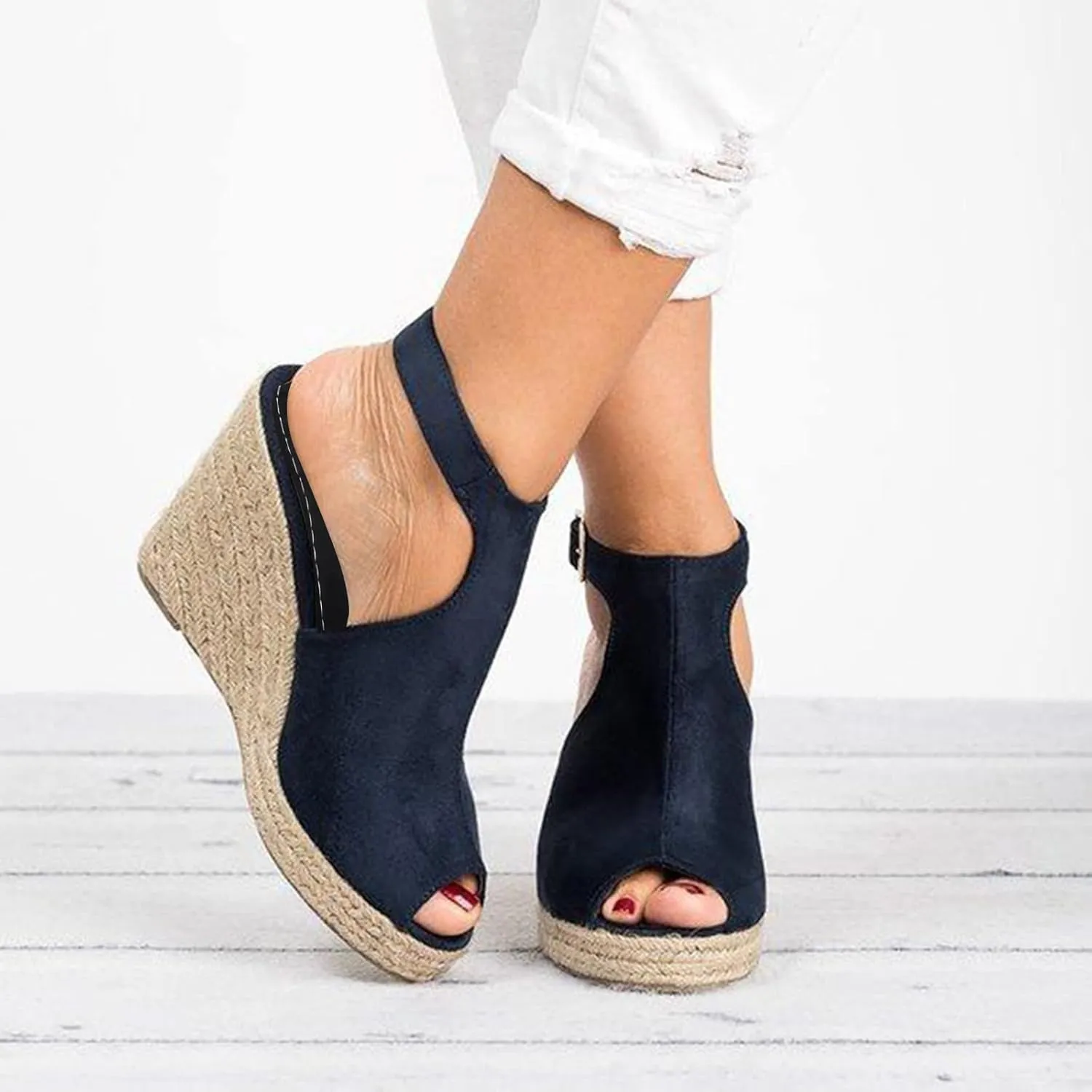 Women's Sandals Dressy Summer Wedge, Womens Espadrille Wedge Sandals Peep Toe Buckle Strap Platform Sandals
