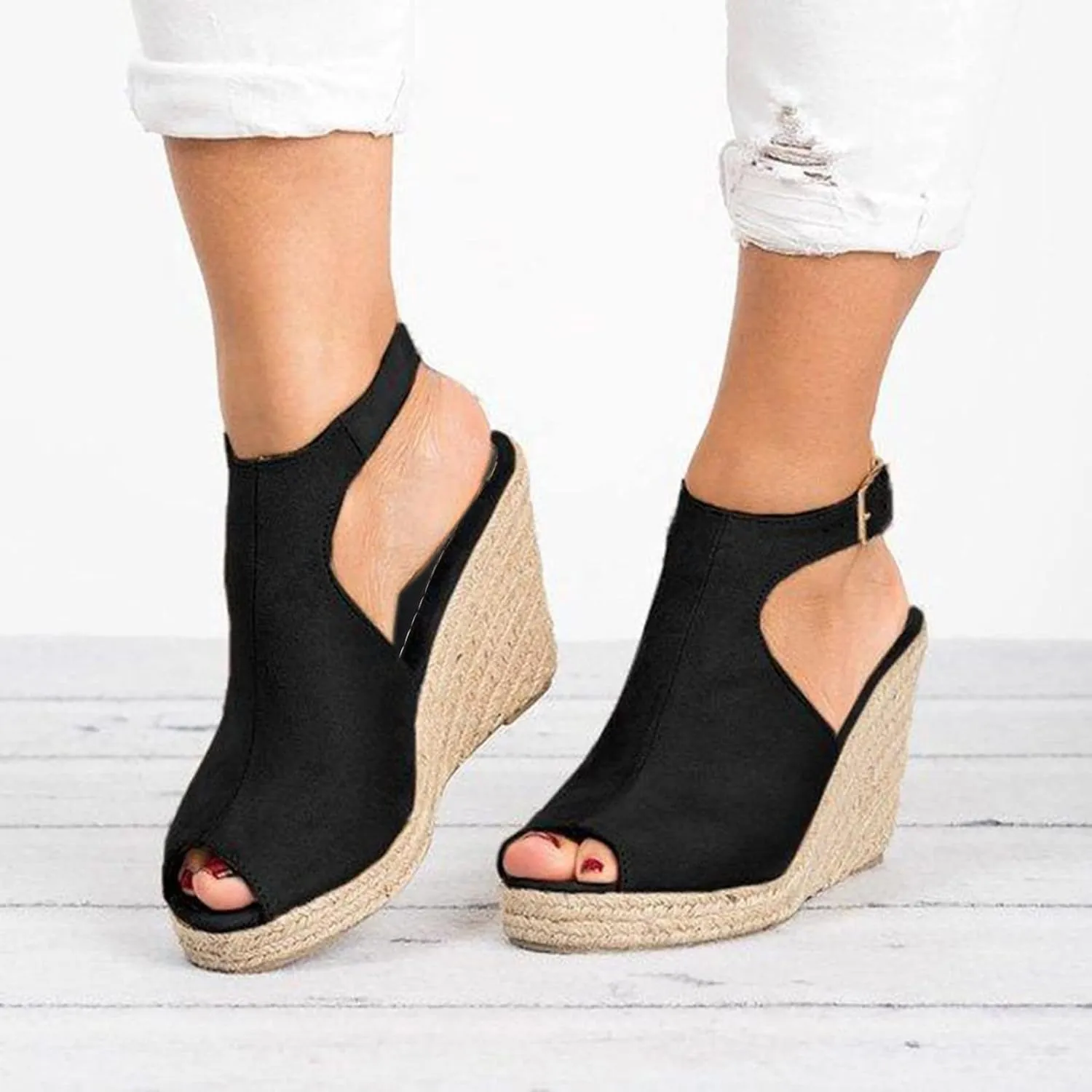 Women's Sandals Dressy Summer Wedge, Womens Espadrille Wedge Sandals Peep Toe Buckle Strap Platform Sandals