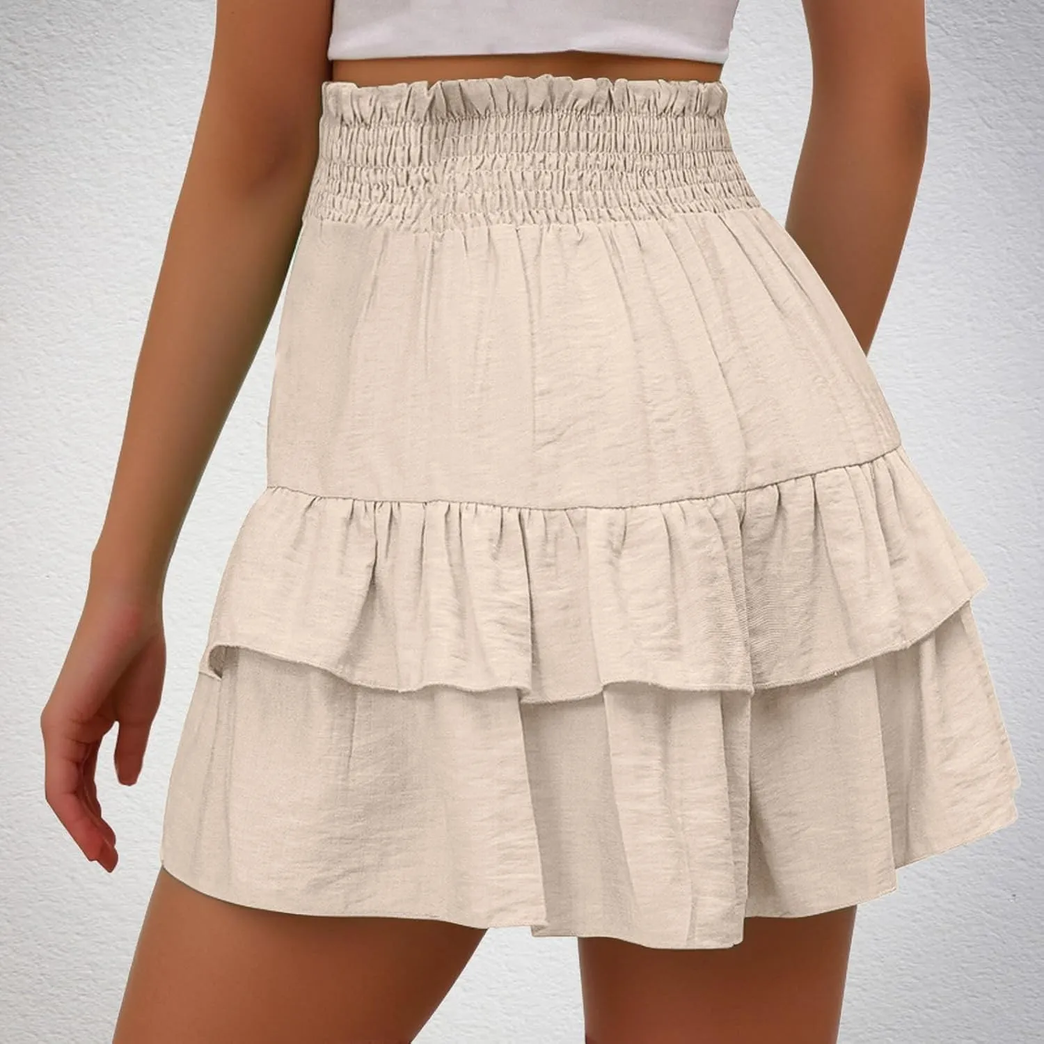 Women's Sexy Summer Skorts Casual Elastic Waist Pleated Layer Ruffle Skort Flowy Beach Sport Skirt with Built in Shorts