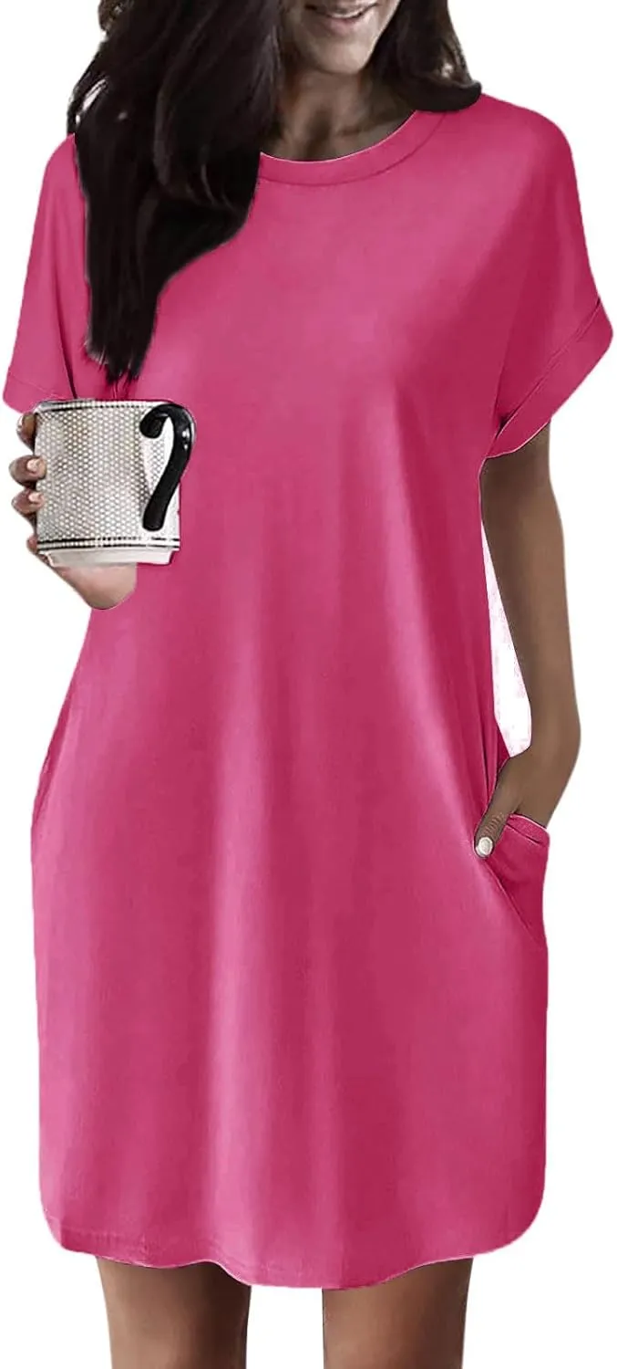 Womens Shirt Dress Summer Short Sleeve Tshirt Dress Beach Mini Sundress Crew Neck Loose Solid Color Nightgown