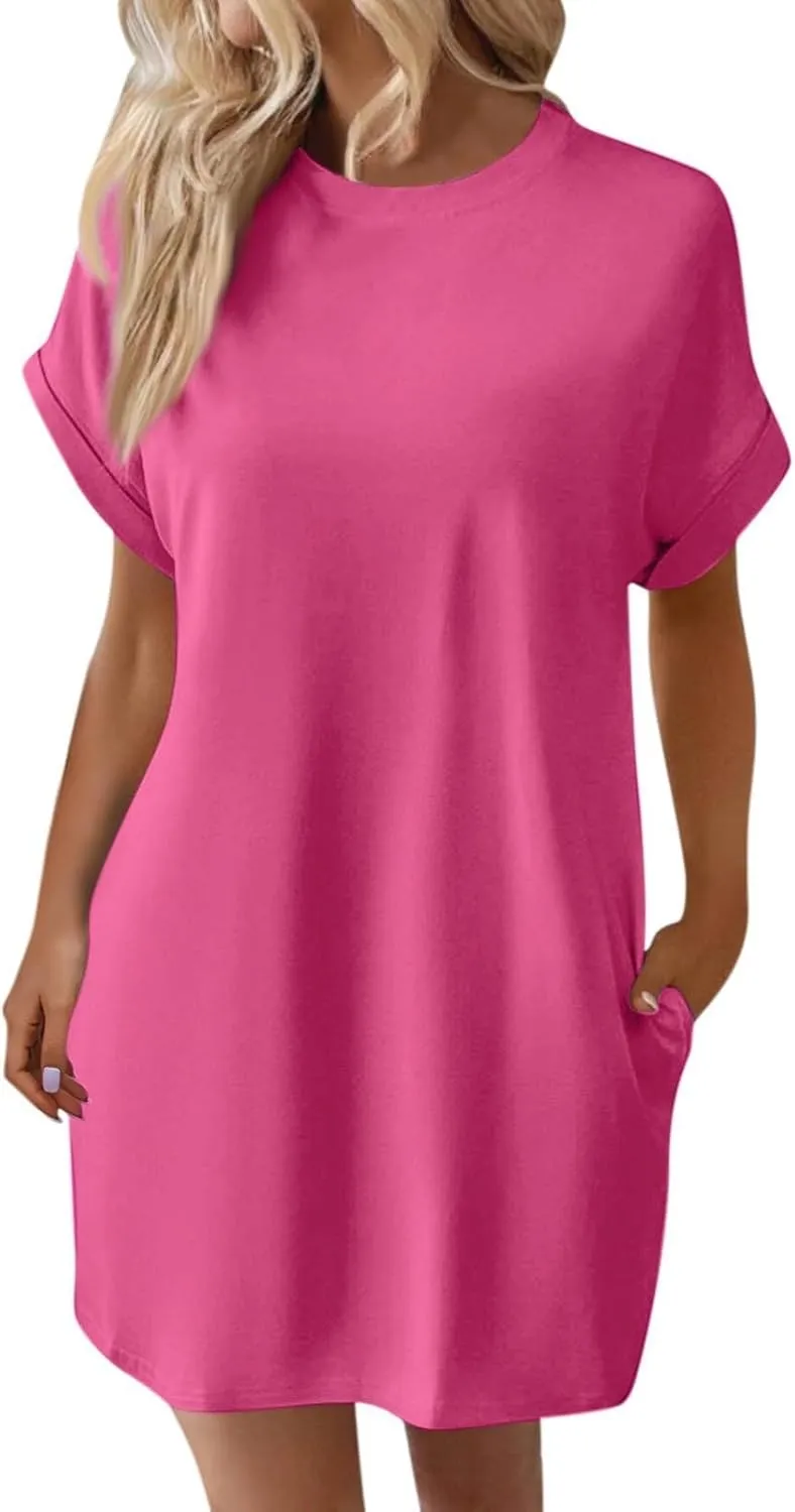 Womens Shirt Dress Summer Short Sleeve Tshirt Dress Beach Mini Sundress Crew Neck Loose Solid Color Nightgown