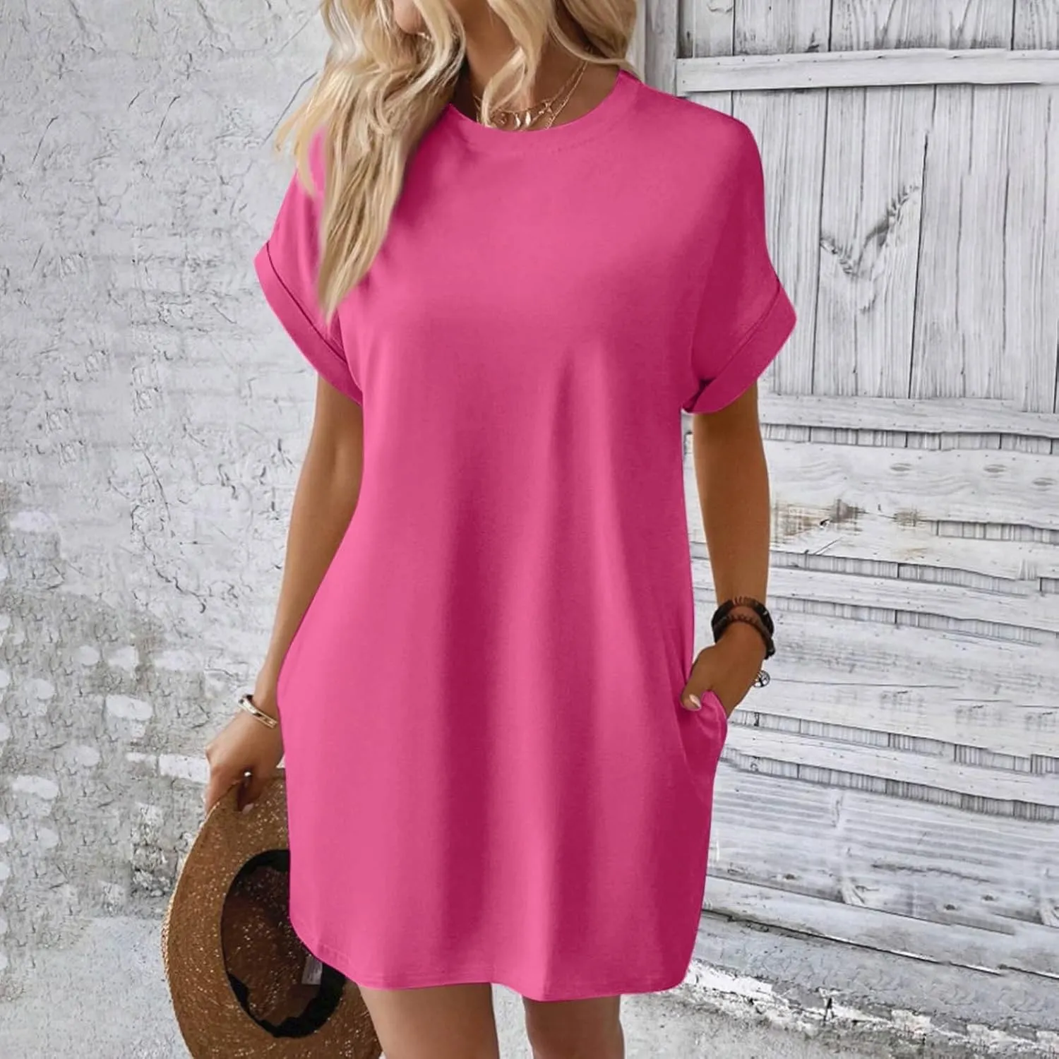 Womens Shirt Dress Summer Short Sleeve Tshirt Dress Beach Mini Sundress Crew Neck Loose Solid Color Nightgown