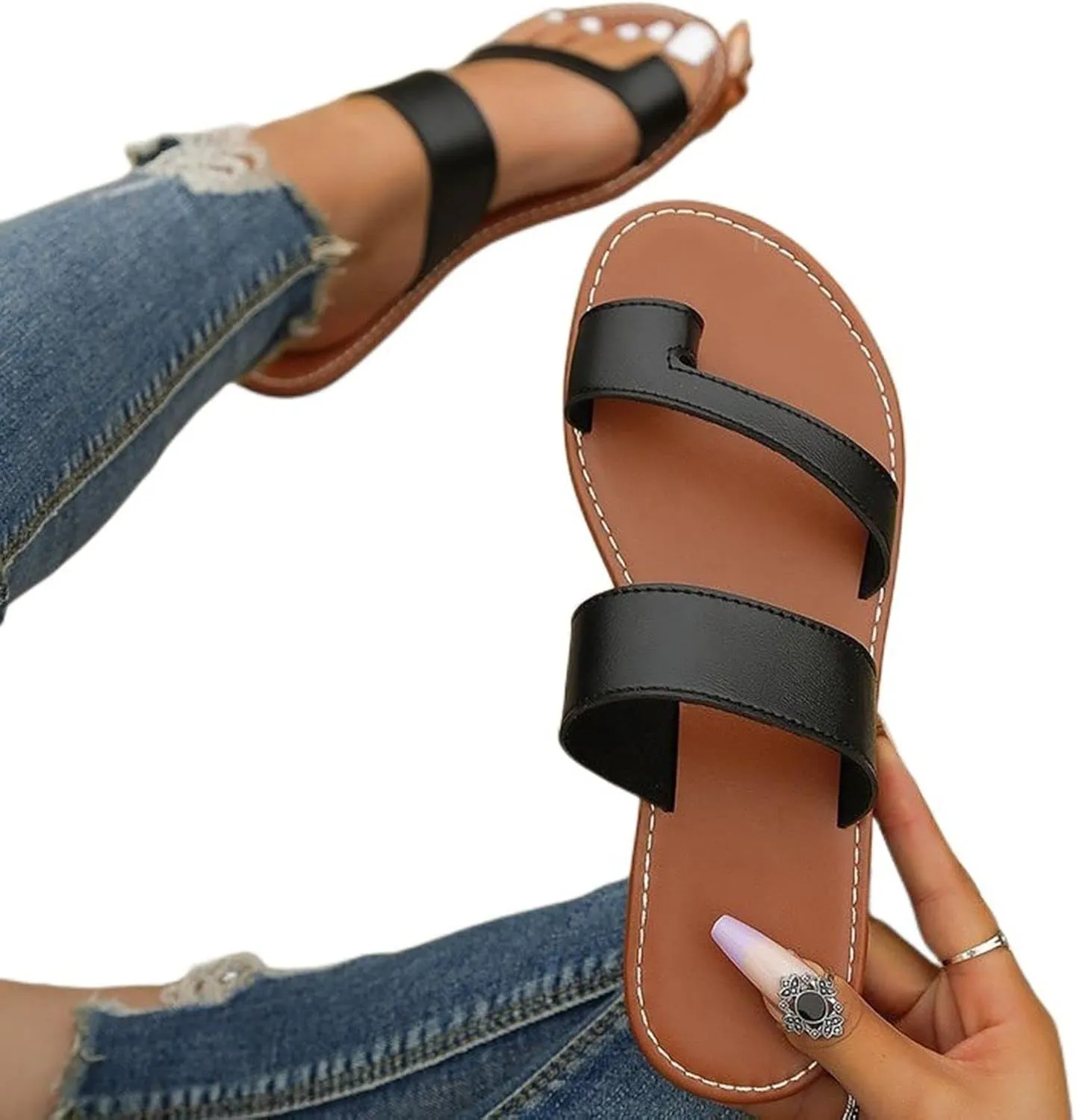 Womens Slide Sandals Slip On Flat Flip Flop Thong Casual Summer Ring Toe Flat Sandals, Beach Outdoor Comfortable Slip On Flip Flops Leather Ankle Strap Walking Slippers for Women