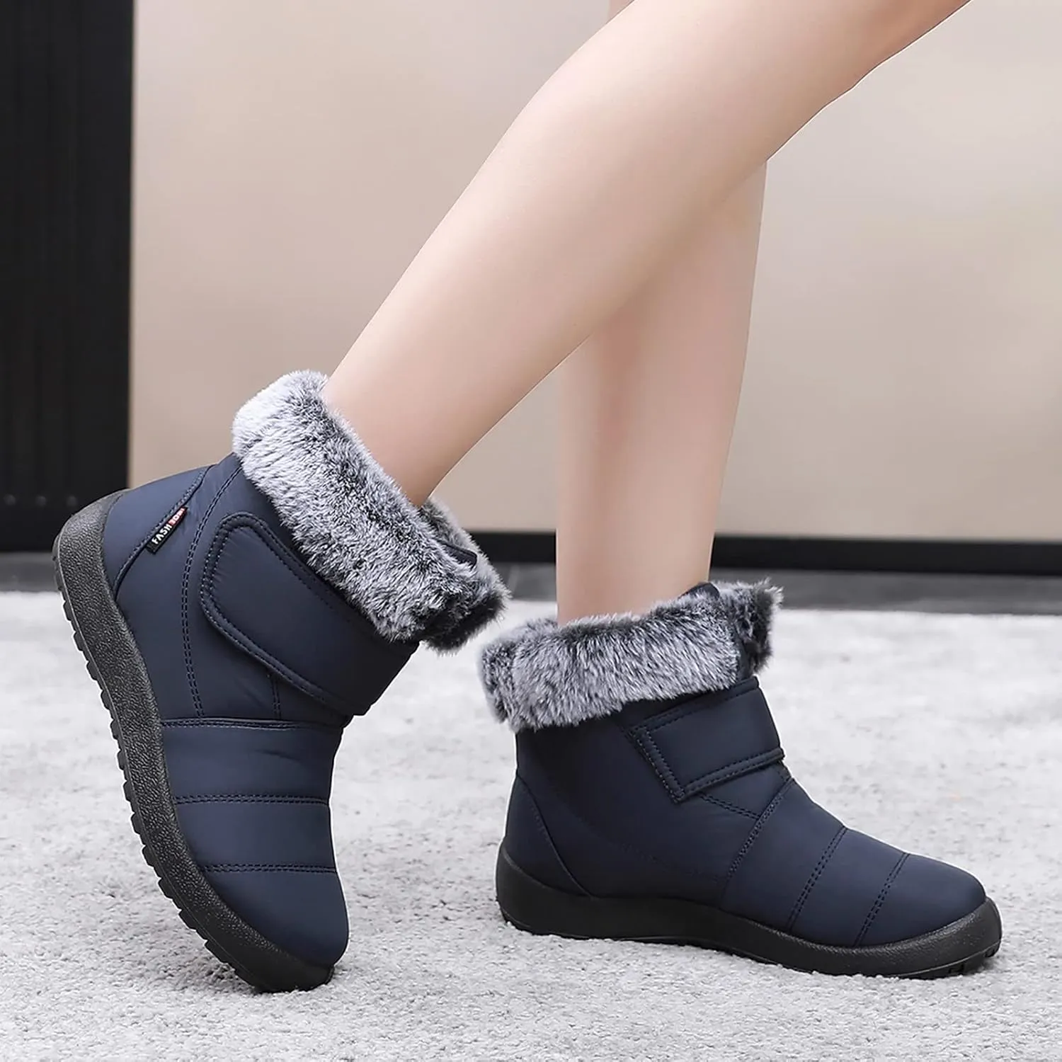 Womens Snow Boots Warm Fleece Lined Winter Boots Comfortable Slip On Outdoor Shoes for Women Round Toe Hook Loop Flat Boots Water-proof Booties Anti-Slip Walking Shoes Mid-Calf Boots
