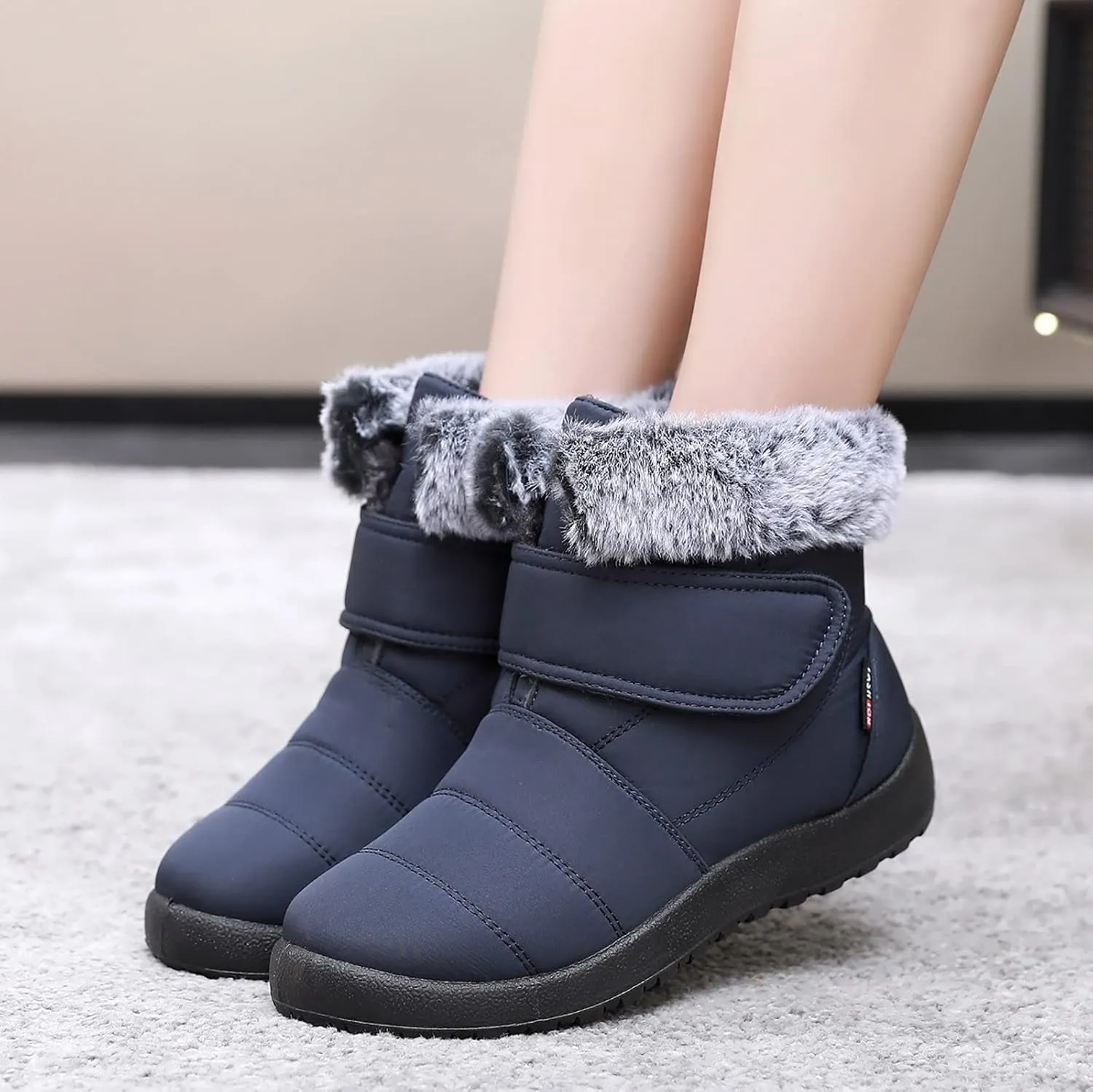 Womens Snow Boots Warm Fleece Lined Winter Boots Comfortable Slip On Outdoor Shoes for Women Round Toe Hook Loop Flat Boots Water-proof Booties Anti-Slip Walking Shoes Mid-Calf Boots