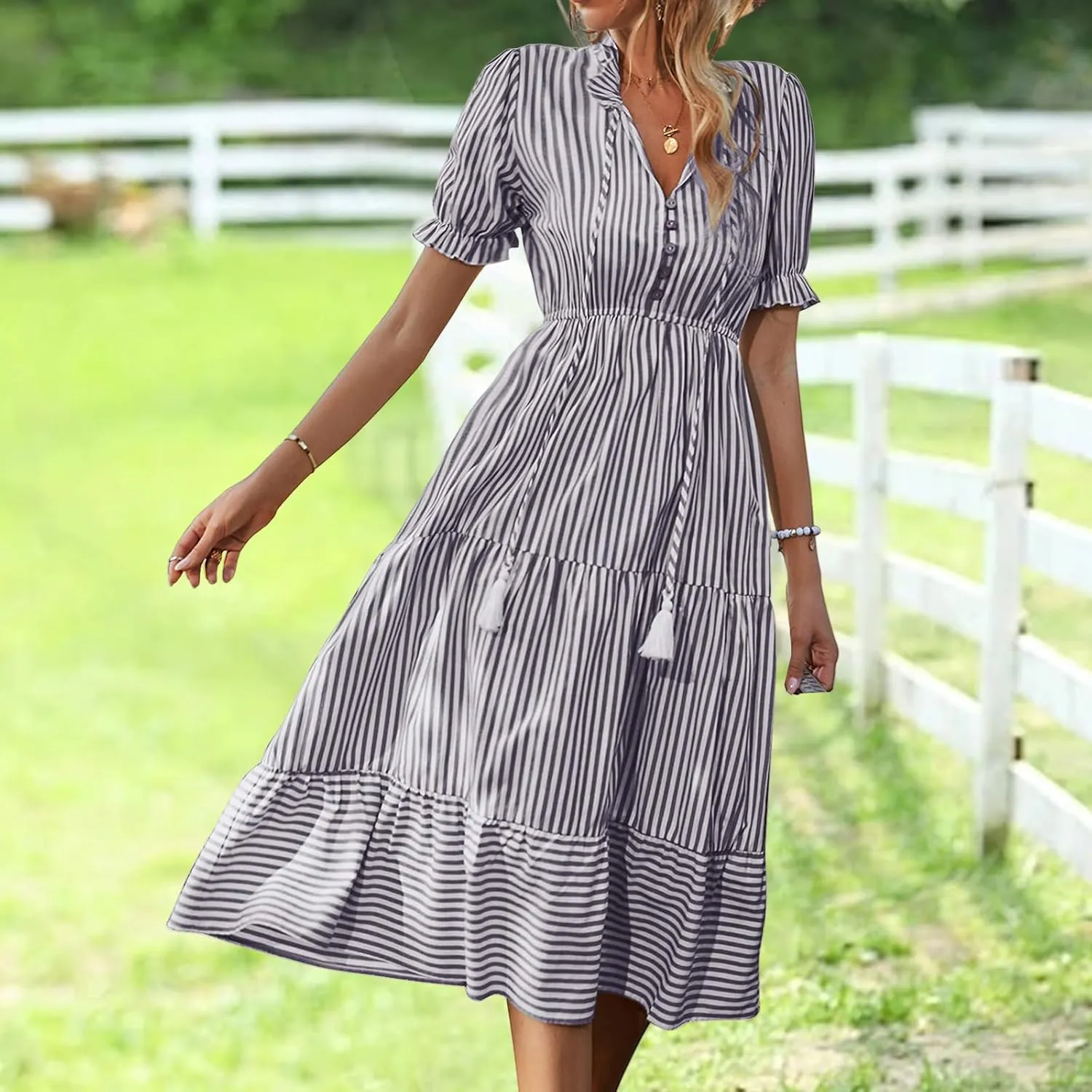 Womens Striped Dress Casual V Neck Button Down Short Sleeve Midi Dress Summer Comfy Tunic Tiered Ruffle Hem Sundress