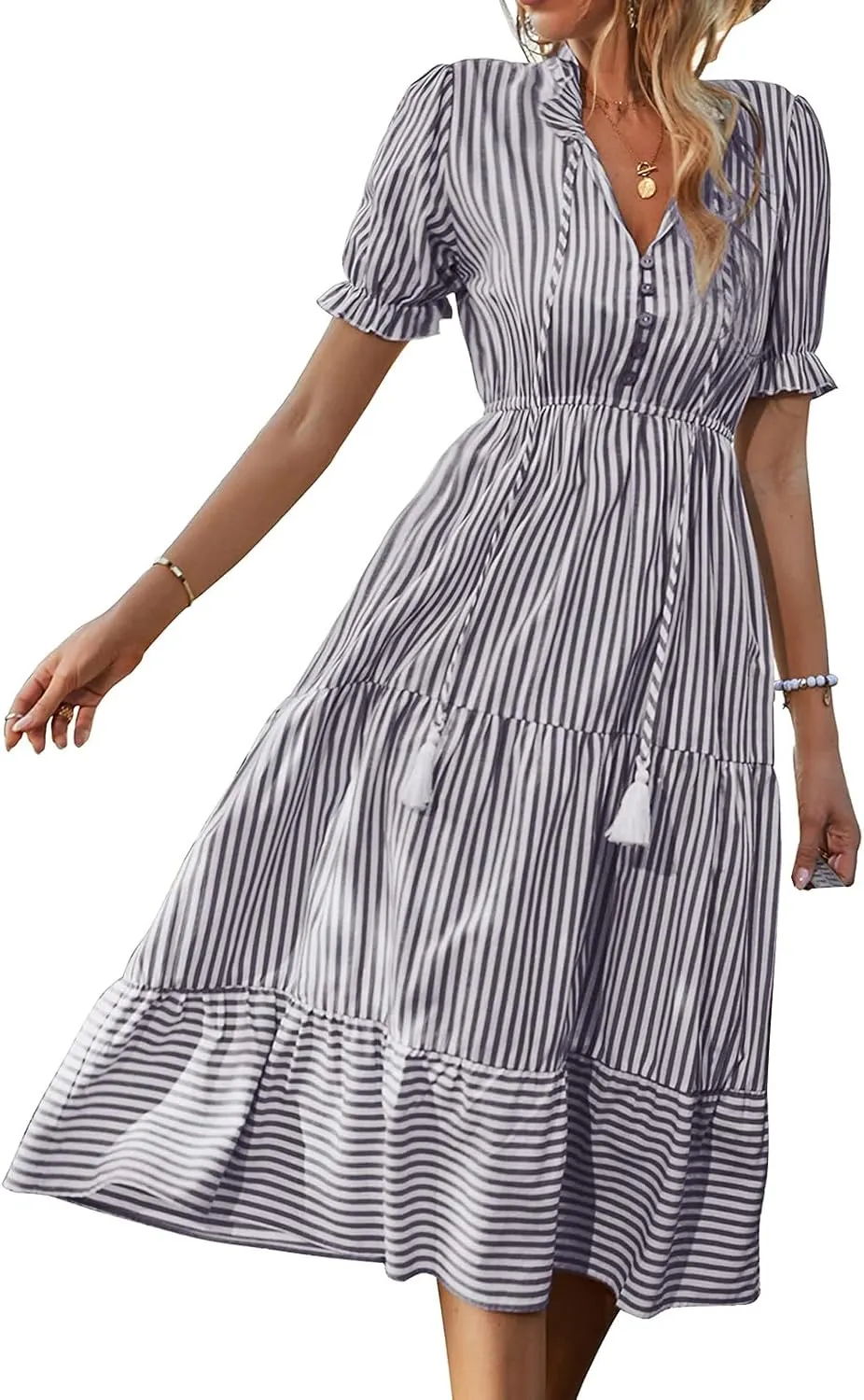 Womens Striped Dress Casual V Neck Button Down Short Sleeve Midi Dress Summer Comfy Tunic Tiered Ruffle Hem Sundress