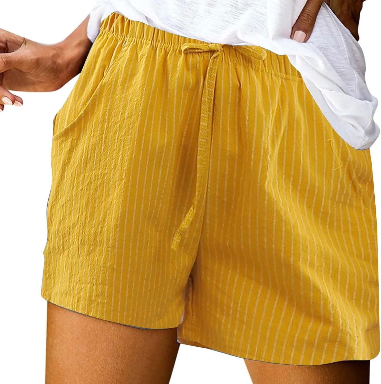 Women's Summer Cotton Casual Striped Shorts Pocket Pants Womens Knit Shorts with Elastic Waist