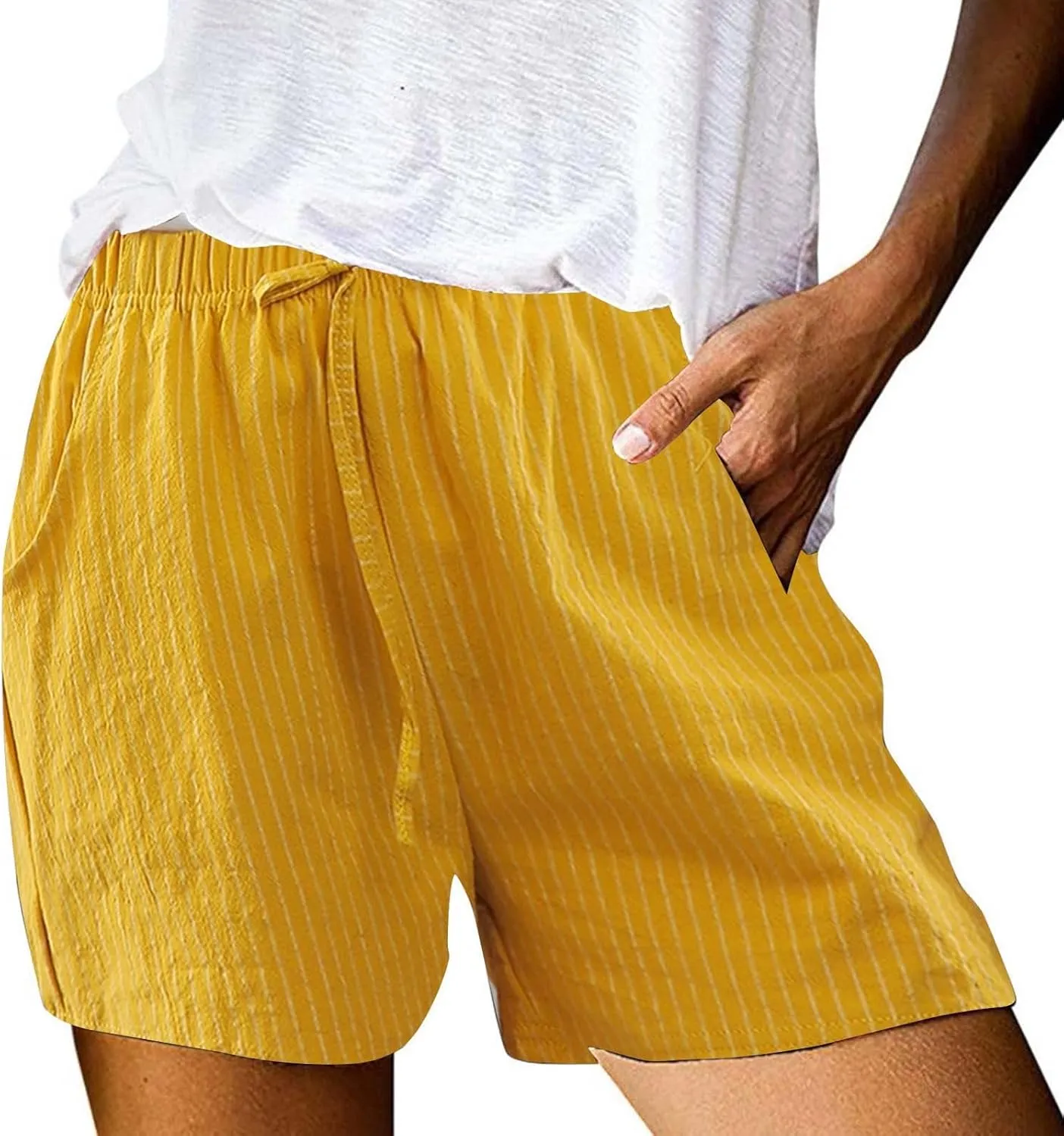 Women's Summer Cotton Casual Striped Shorts Pocket Pants Womens Knit Shorts with Elastic Waist