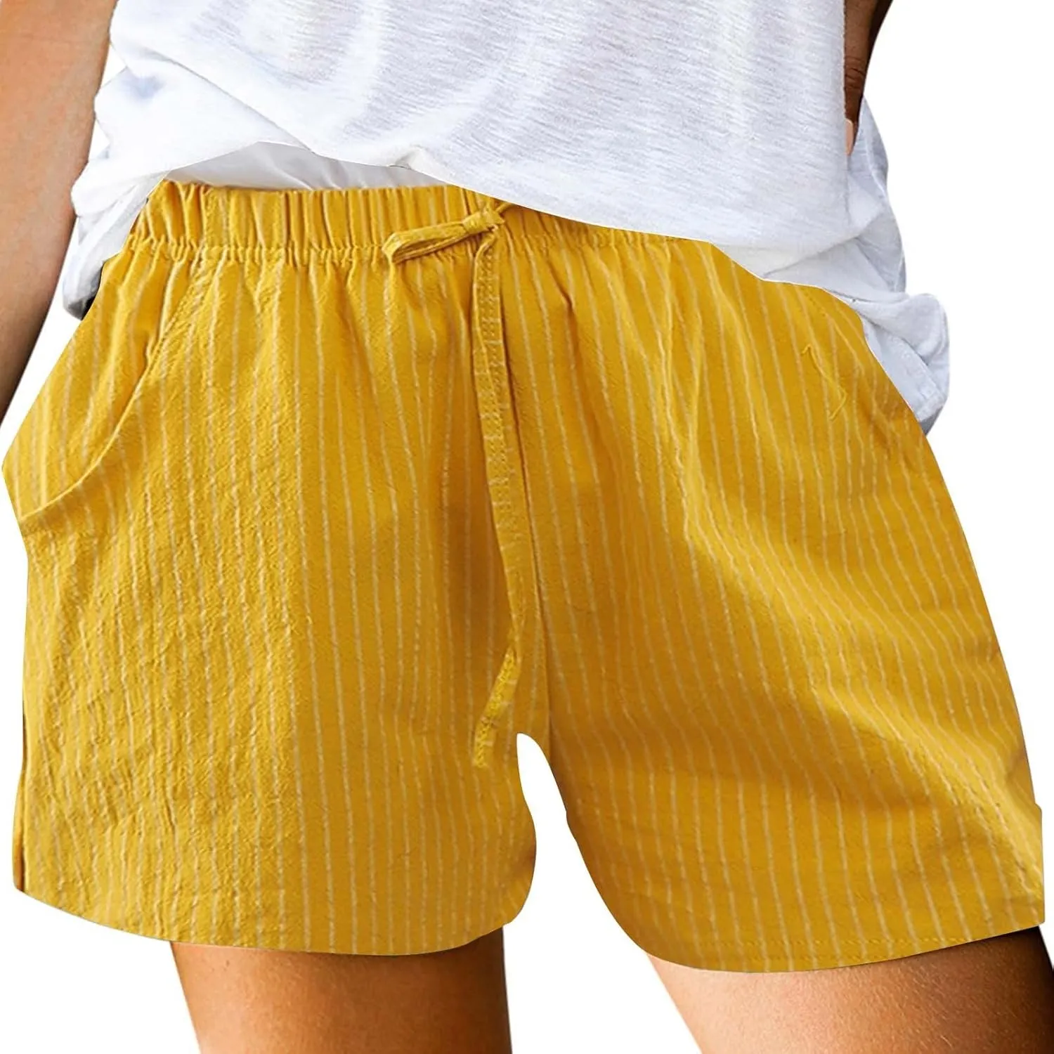 Women's Summer Cotton Casual Striped Shorts Pocket Pants Womens Knit Shorts with Elastic Waist