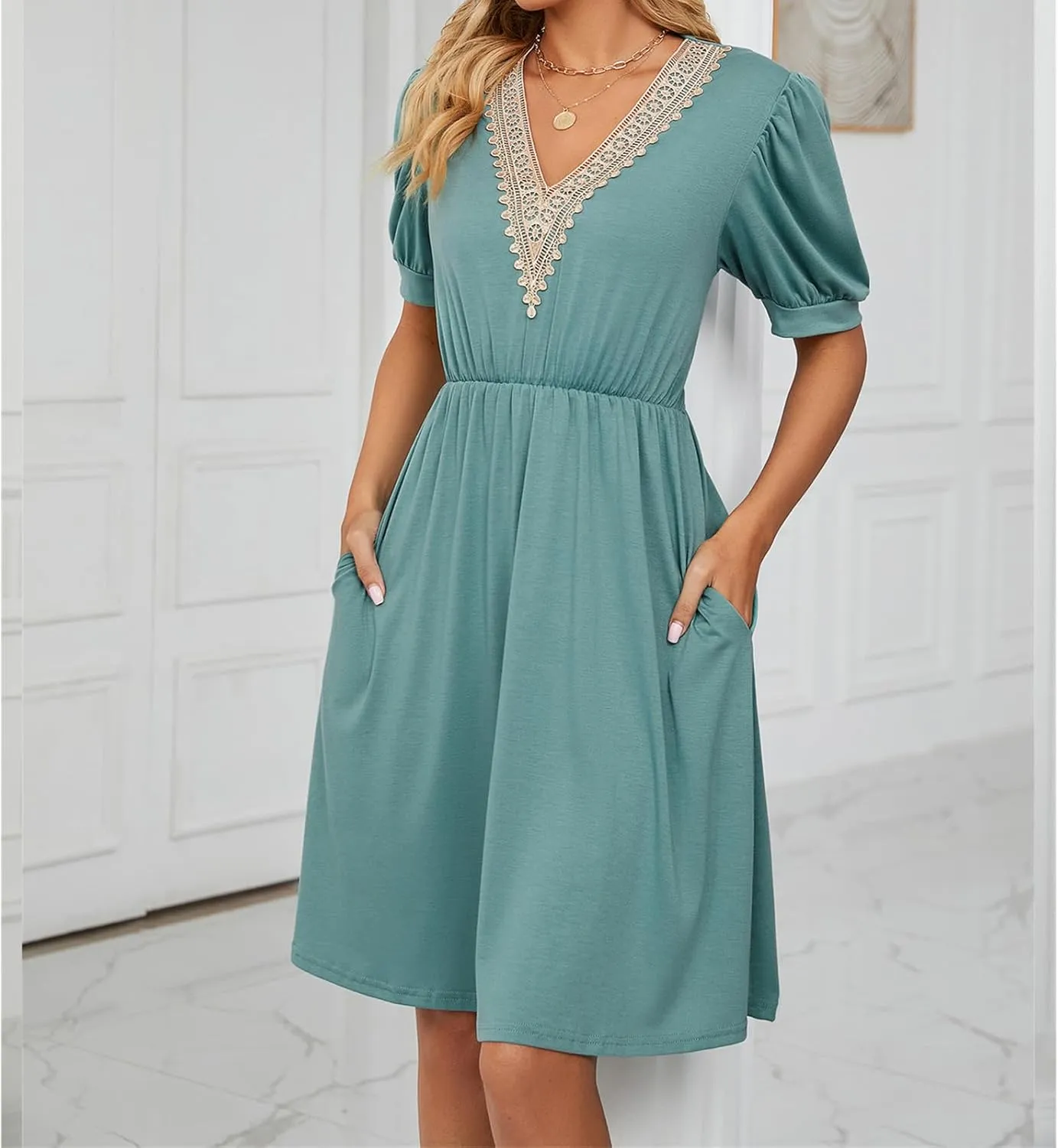 Women's Summer Dress A line Waisted Midi Dresses Lace V Neck Puff Short Sleeve Sundress Casual Cotton Beach Dress