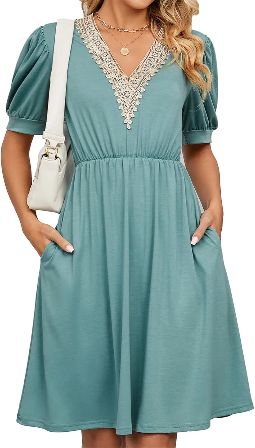 Women's Summer Dress A line Waisted Midi Dresses Lace V Neck Puff Short Sleeve Sundress Casual Cotton Beach Dress