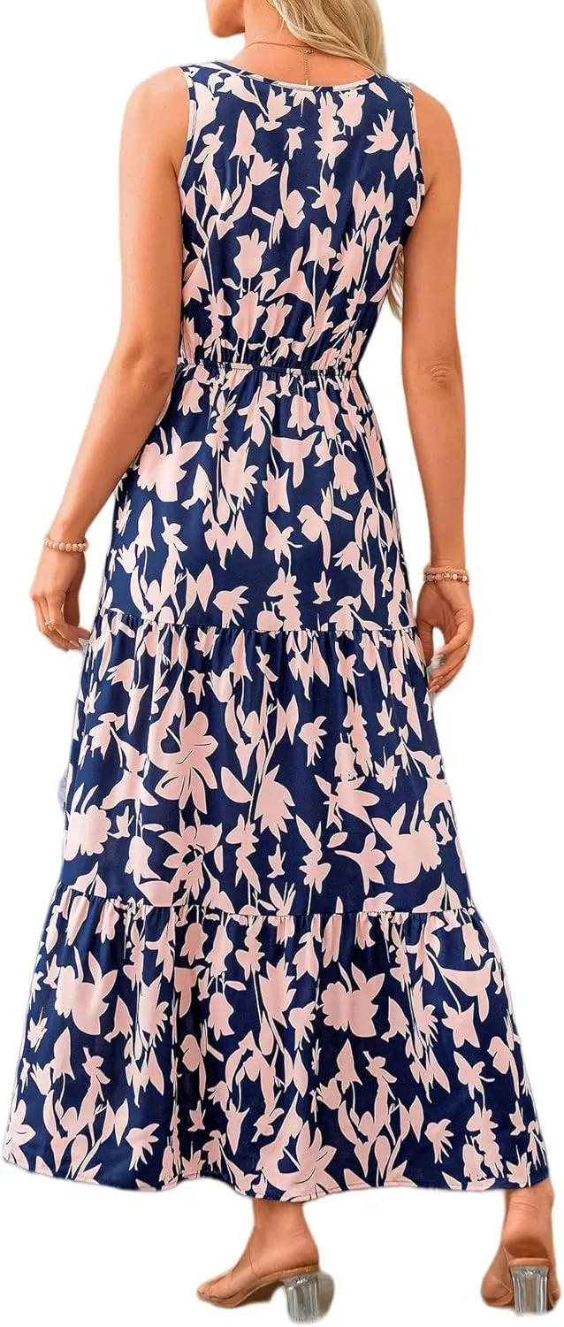 Womens Summer Dresses 2025 Casual Sleeveless V Neck Dresses Tiered Floral Maxi Dress Smocked Wedding Guest Dress