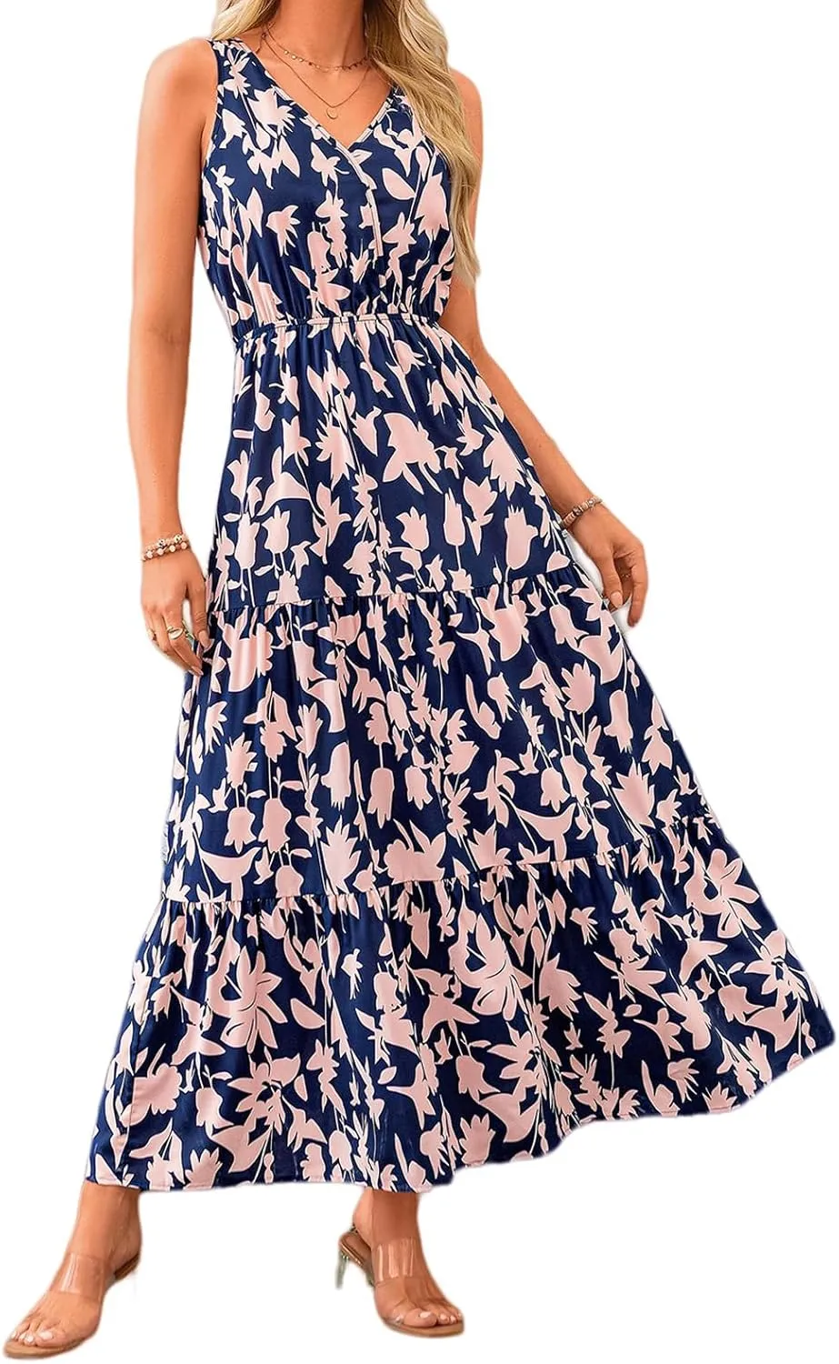 Womens Summer Dresses 2025 Casual Sleeveless V Neck Dresses Tiered Floral Maxi Dress Smocked Wedding Guest Dress