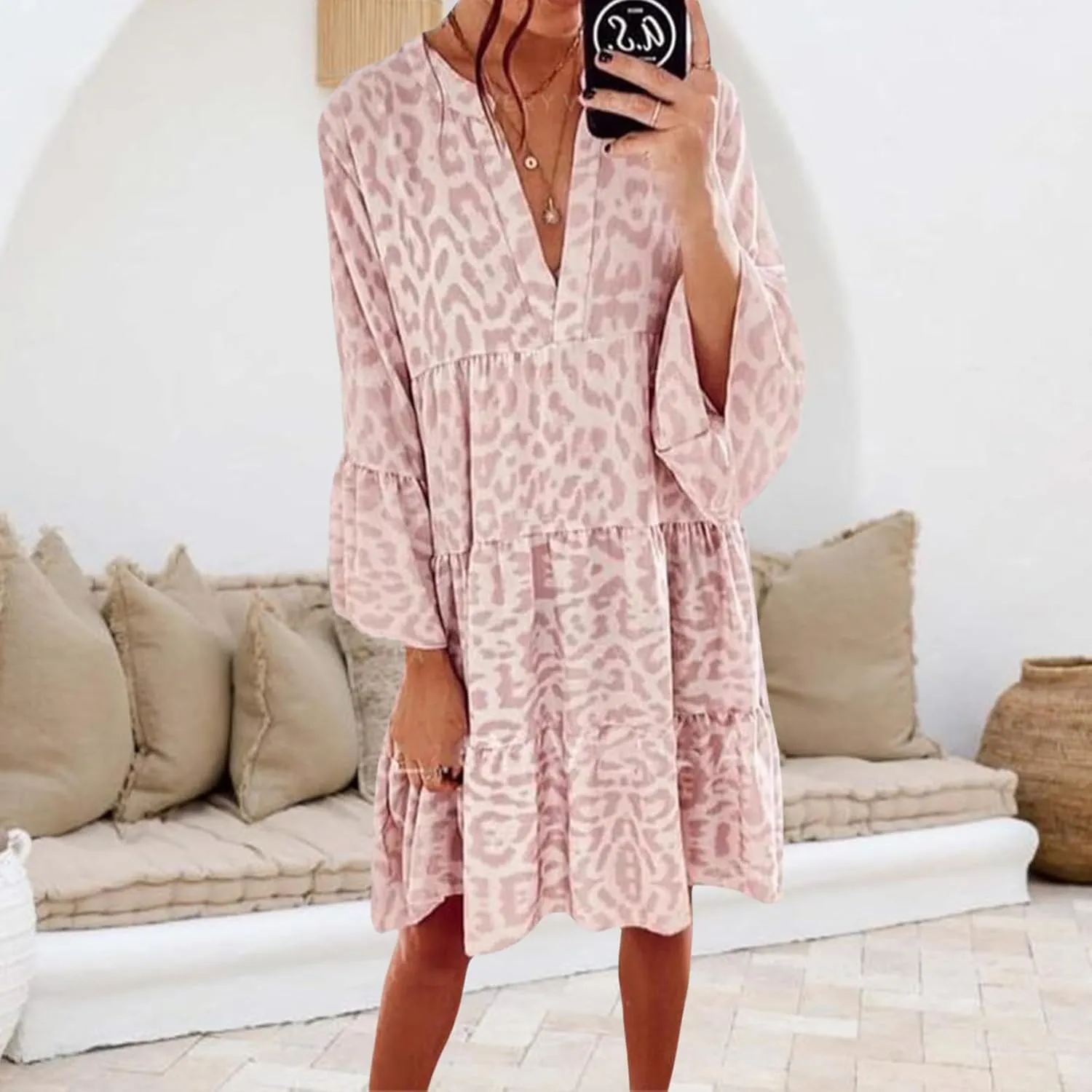Womens Summer Dresses Boho Floral Babydoll Dress V Neck Ruffle Half Sleeve Sundress Beach Vacation Dress