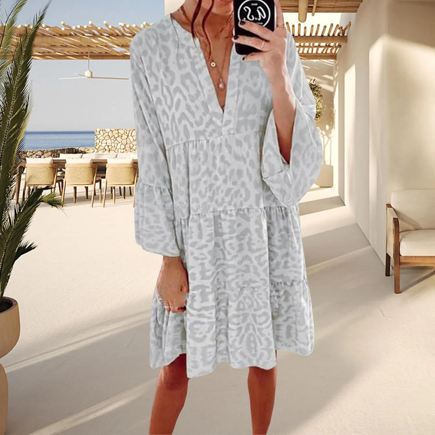 Womens Summer Dresses Boho Floral Babydoll Dress V Neck Ruffle Half Sleeve Sundress Beach Vacation Dress