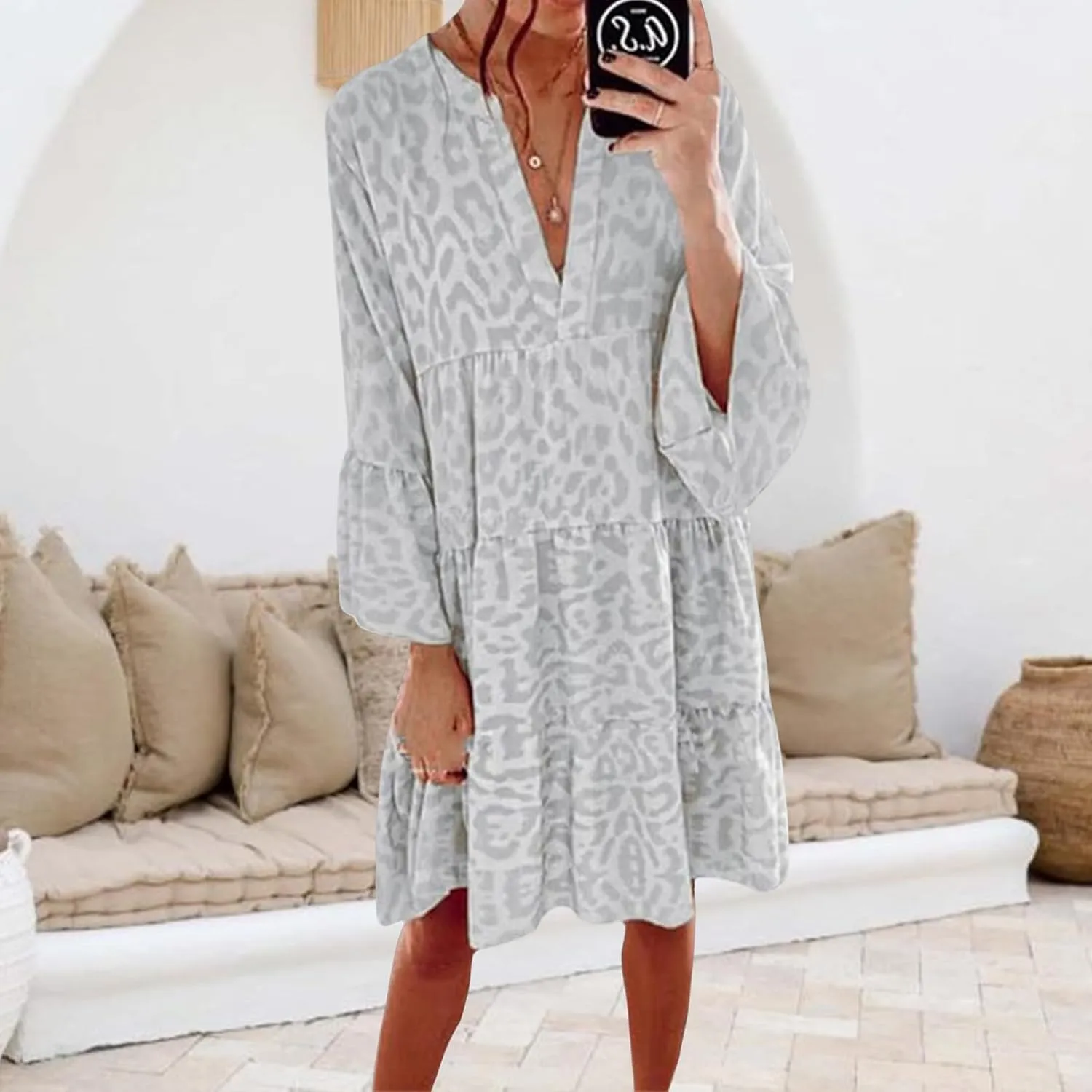 Womens Summer Dresses Boho Floral Babydoll Dress V Neck Ruffle Half Sleeve Sundress Beach Vacation Dress