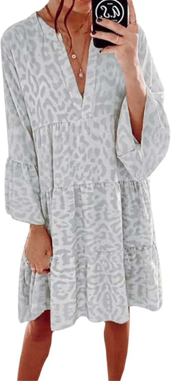 Womens Summer Dresses Boho Floral Babydoll Dress V Neck Ruffle Half Sleeve Sundress Beach Vacation Dress