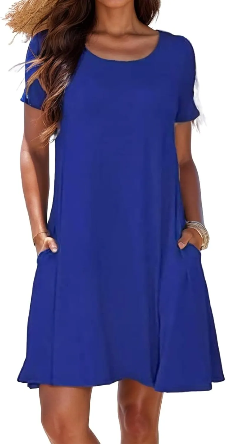 Womens Summer Dresses Crew Neck Short Sleeve A Line Mini Dresses Casual T Shirts Dresses Loose Sundress with Pocket