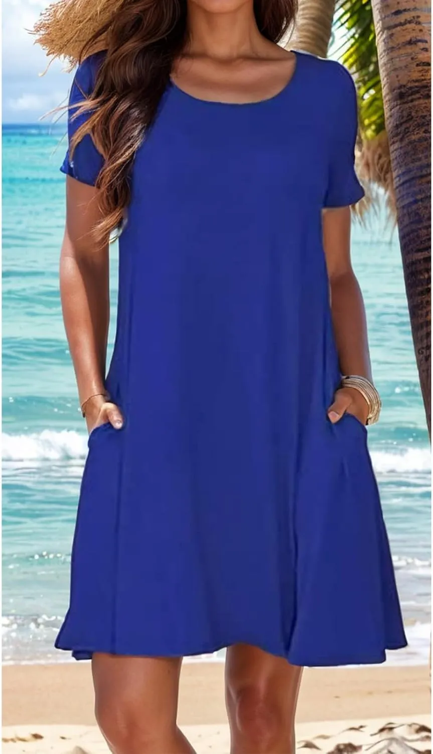 Womens Summer Dresses Crew Neck Short Sleeve A Line Mini Dresses Casual T Shirts Dresses Loose Sundress with Pocket