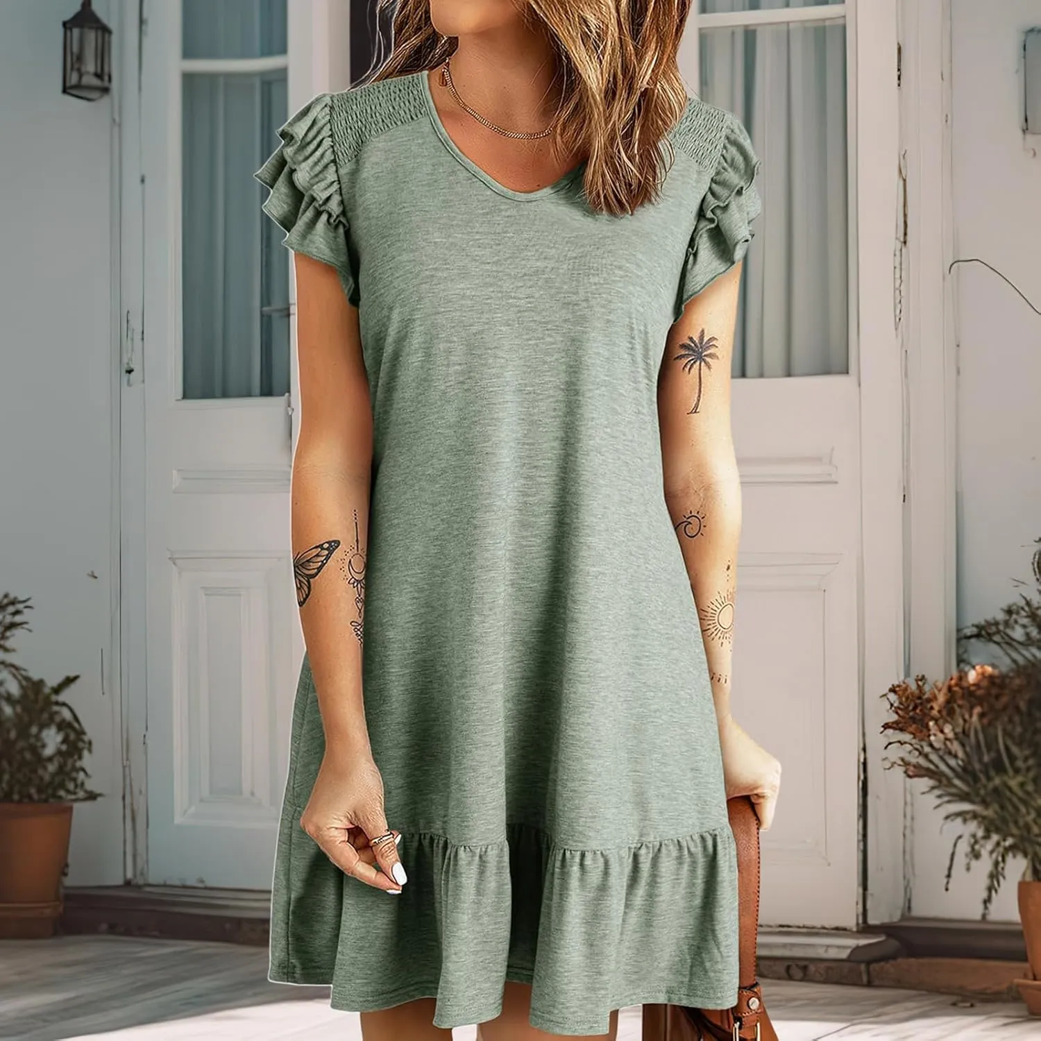 Womens Summer Dresses Ruffle Cap Sleeve Mini Dress Loose Pleated V Neck A-Line Swing Tshirt Dress Sundress