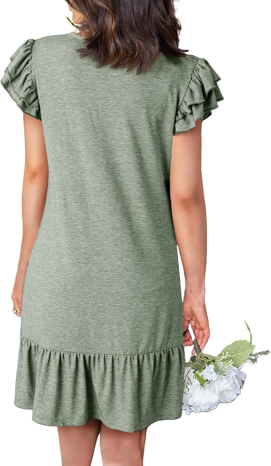 Womens Summer Dresses Ruffle Cap Sleeve Mini Dress Loose Pleated V Neck A-Line Swing Tshirt Dress Sundress