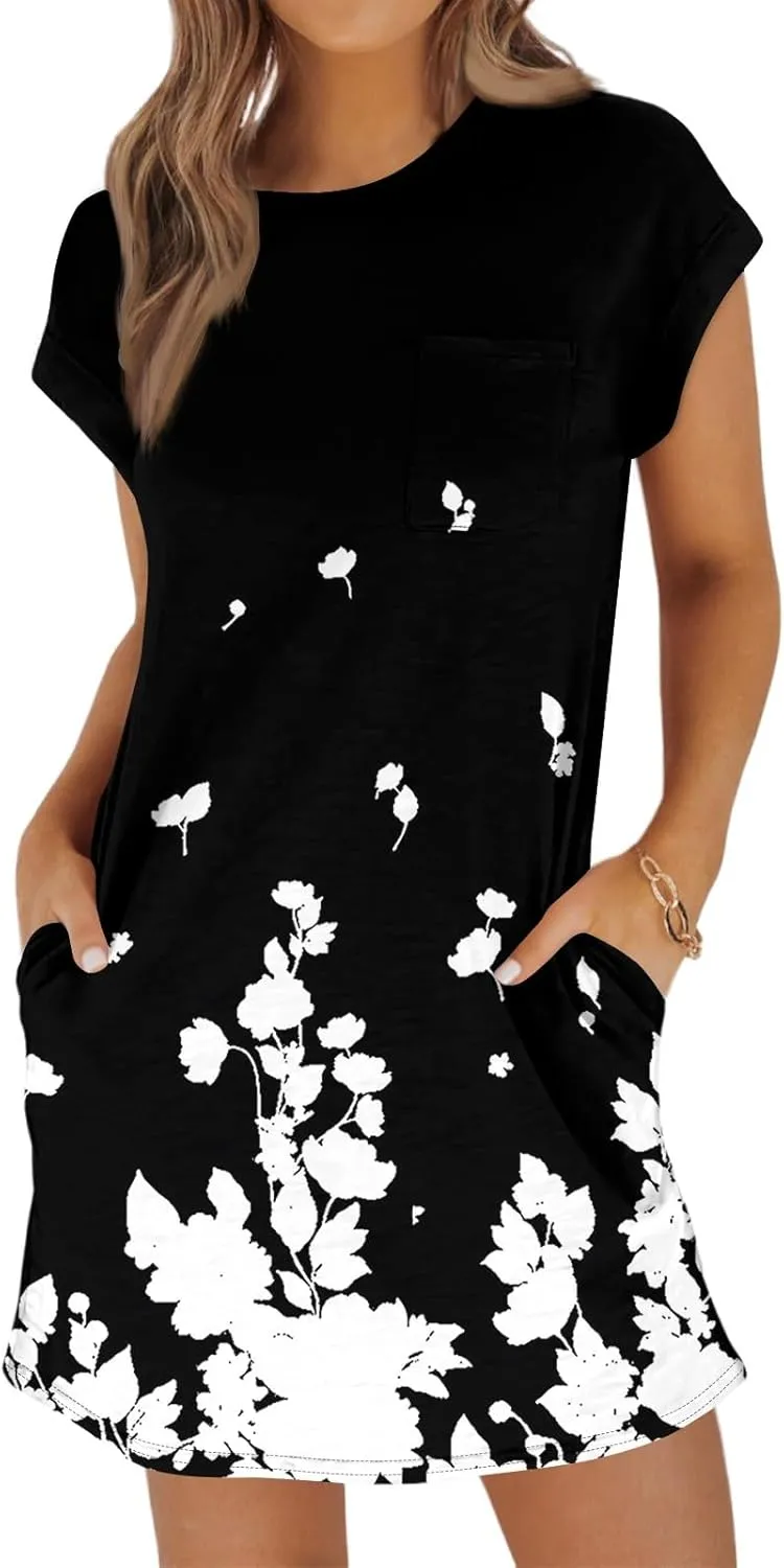 Women's Summer T Shirt Dress Casual Crewneck 2025 Short Sleeve Mini Sundress Loose Fit Mini Dresses with Pocket