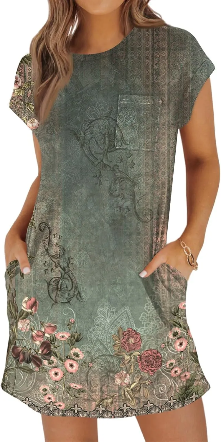 Women's Summer T Shirt Dress Casual Crewneck 2025 Short Sleeve Mini Sundress Loose Fit Mini Dresses with Pocket