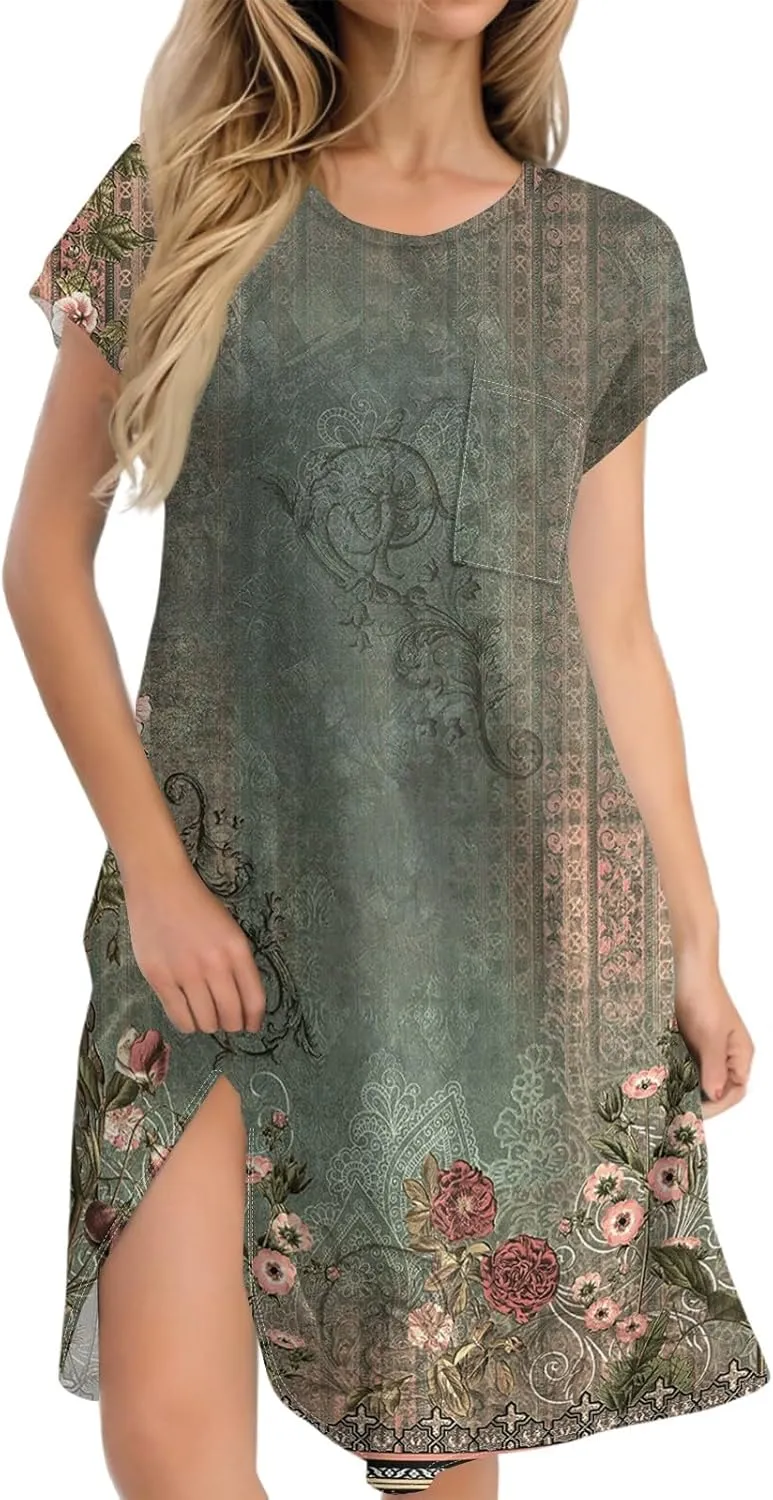 Women's Summer T Shirt Dress Casual Crewneck 2025 Short Sleeve Mini Sundress Loose Fit Mini Dresses with Pocket