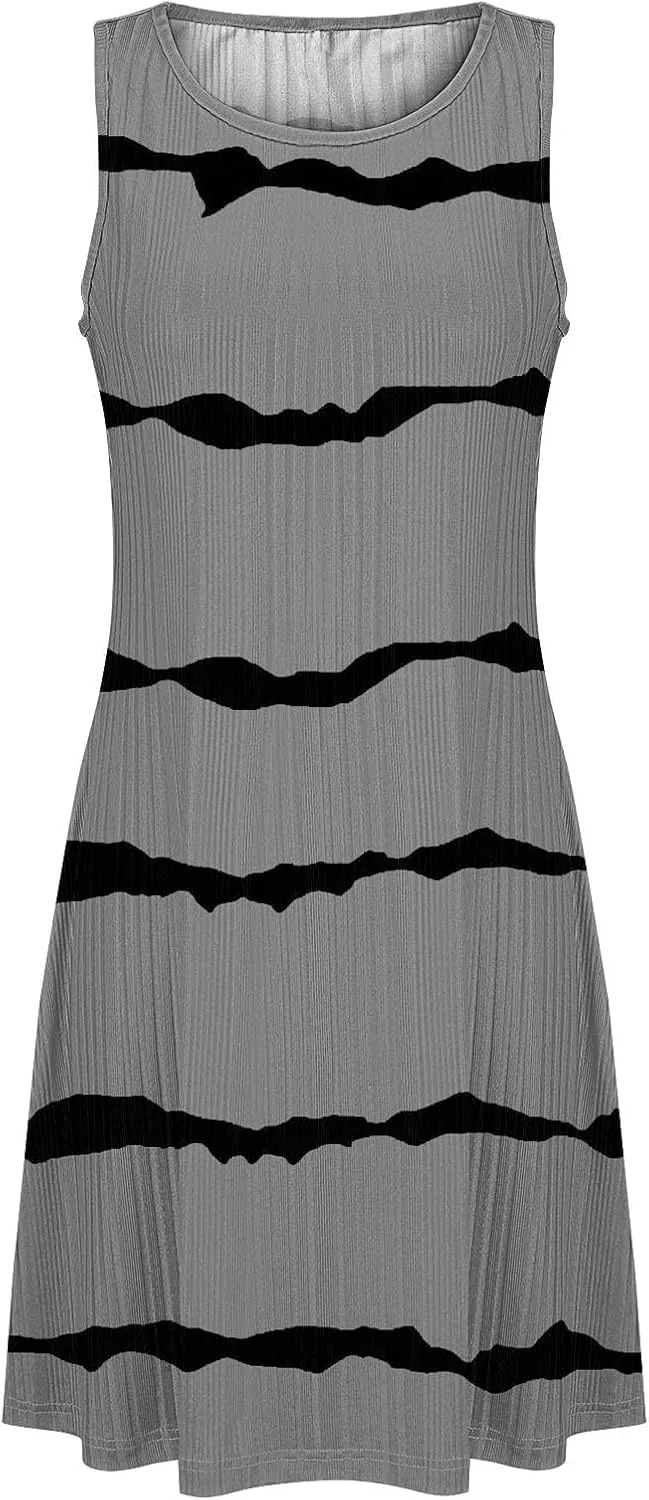 Women's Summer Tank Mini Dress Sleeveless A-Line Dresses Casual Stripe Floral T-Shirt Dress Flowy Beach Sundress
