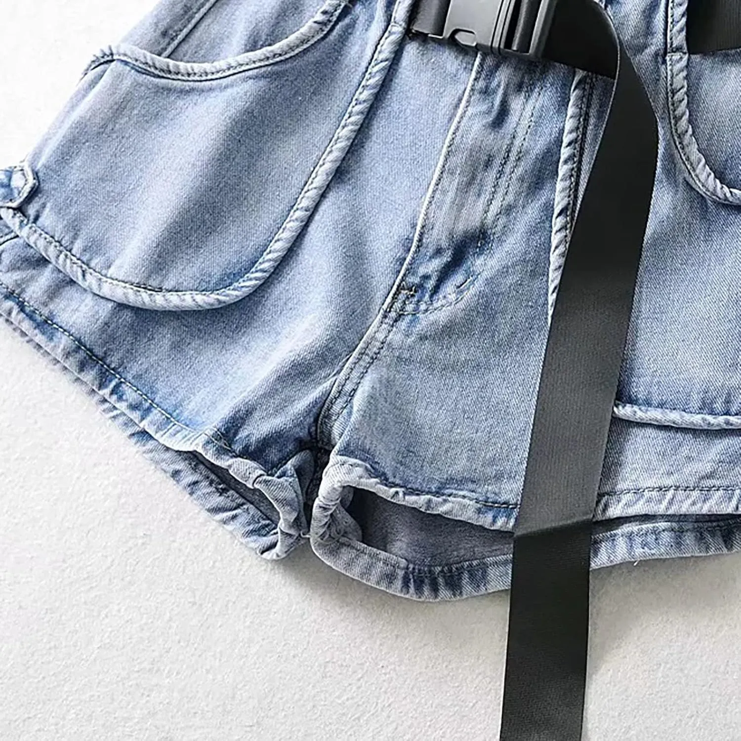 Women's Summer Wide Leg A Line Hot Shorts with Belt Denim High Waisted Drawstring Jeans Shorts with Women's Bike